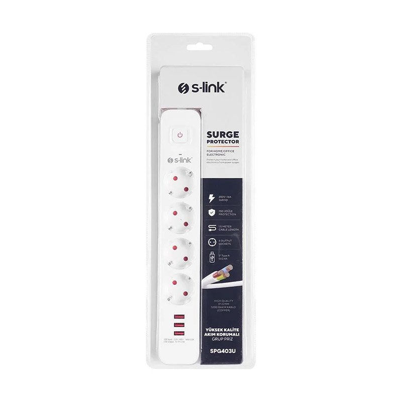 S-Link 1.5m 4lü Anahtarlı Akım Korumalı Priz 750 Joule 3 Usb 5V2.4a SPG403U