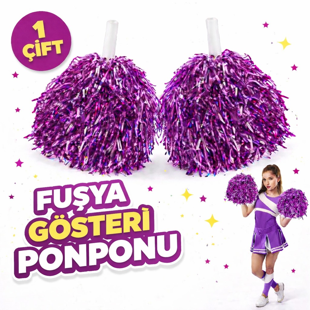1 Çift ( 2 Adet ) Fuşya Renk 23 Nisan 19 Mayıs 29 Ekim Okul Gösteri Ponponları Ekstra Dolgun