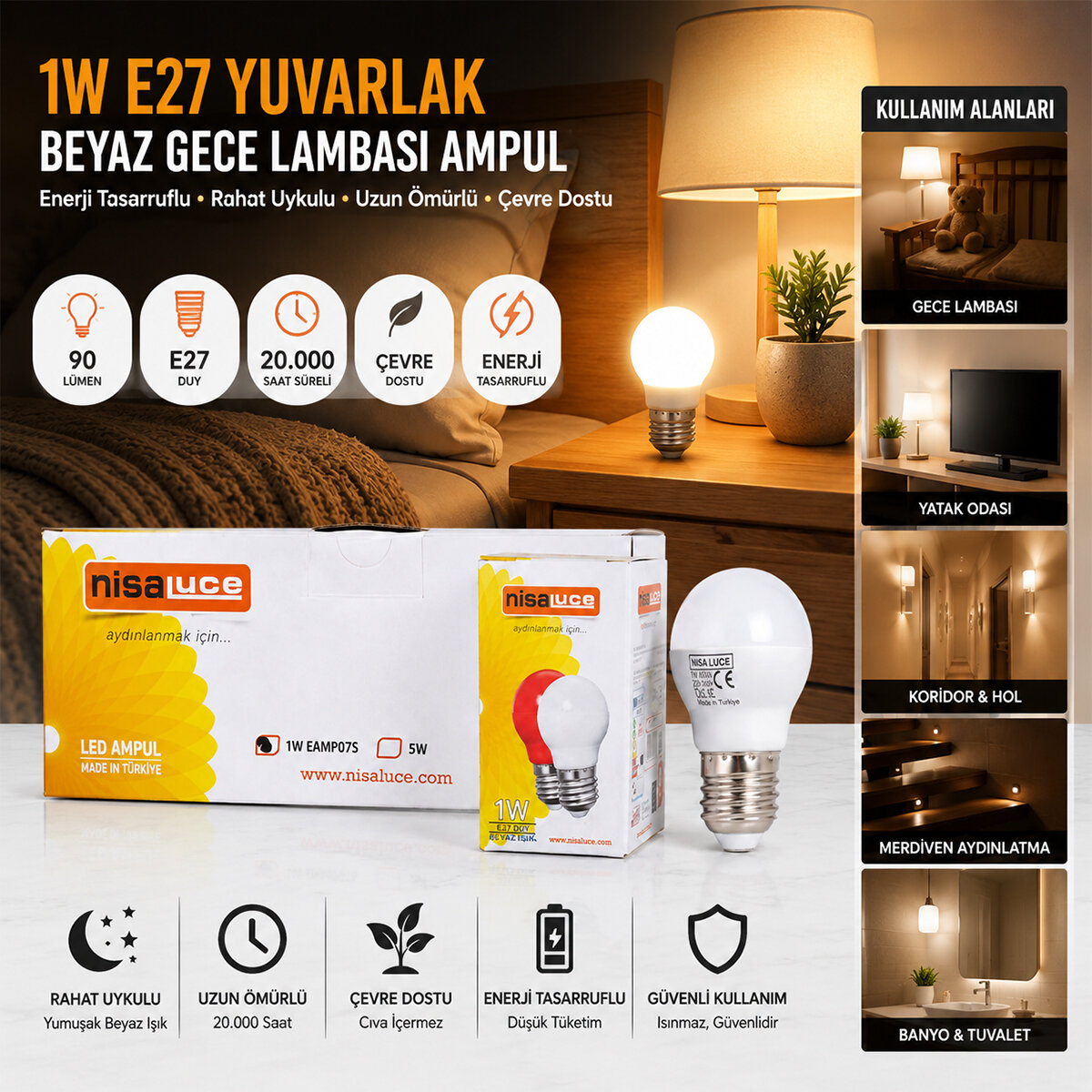 10 ADET 1W E27 BEYAZ YUVARLAK GECE LAMBASI LED AMPUL