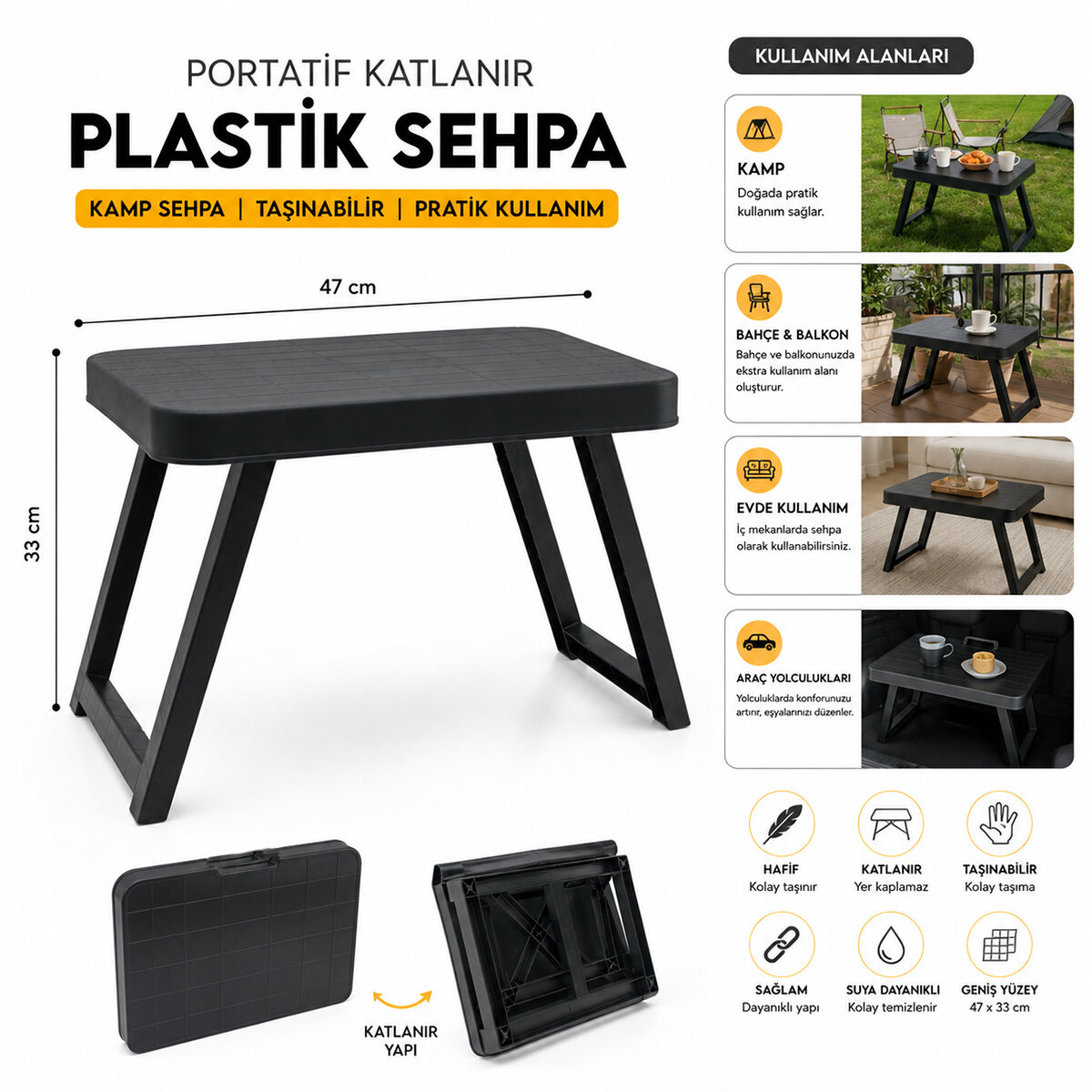 10 ADET KÜÇÜK= 47X33CM KAMP - PİKNİK MASASI SİYAH PLASTİK KATLANABİLİR AYAKLI=38CM