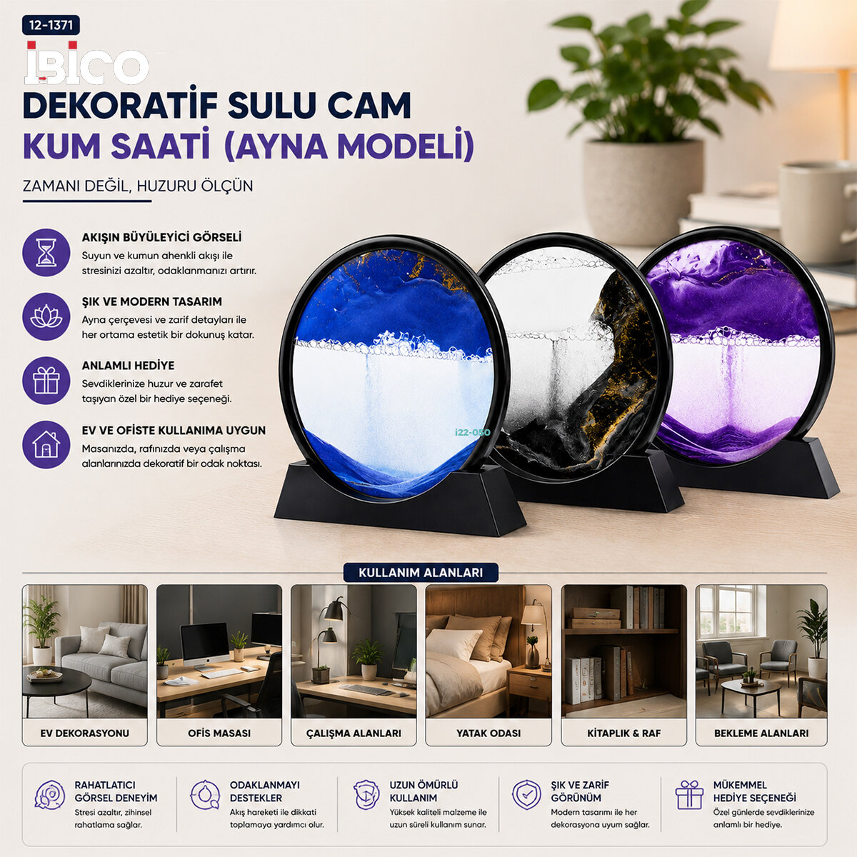 10 INC - 25CM RENKLİ SULU CAM KUM SAATİ HAREKETLİ AYNA MODELİ