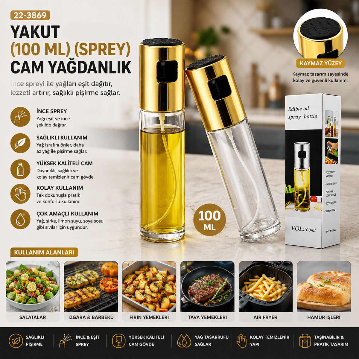 100 ML SPREY CAM YAĞDANLIK KROM - RENKLİ SPREY KAFA - İNCE UZUN ŞİŞE