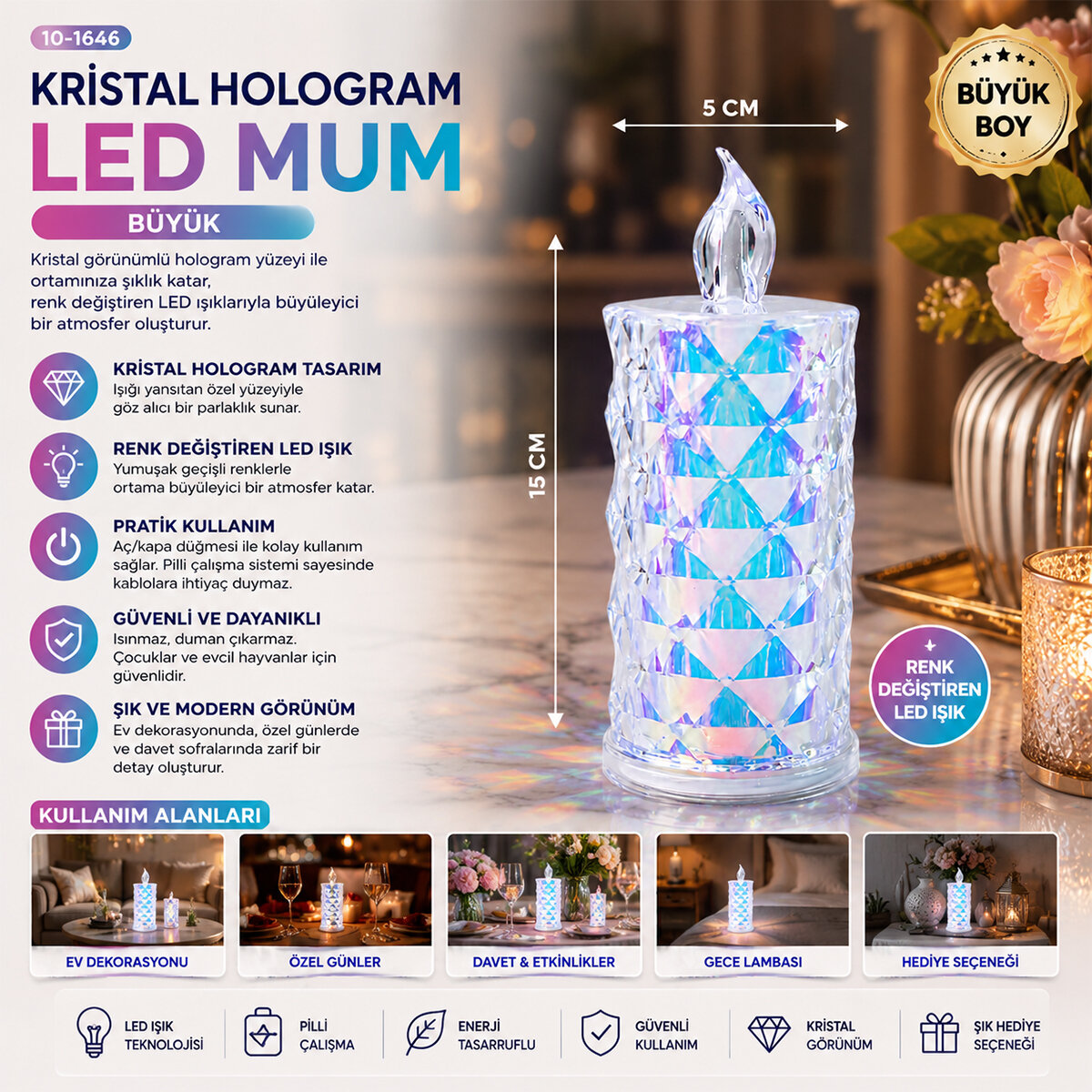 12 ADET LED CANDLE KAMP BÜYÜK BOY= ÇAP:5CM - Y: 16CM PİLLİ LED MUM MİKA KRİSTAL PLASTİK YAKUT-13637
