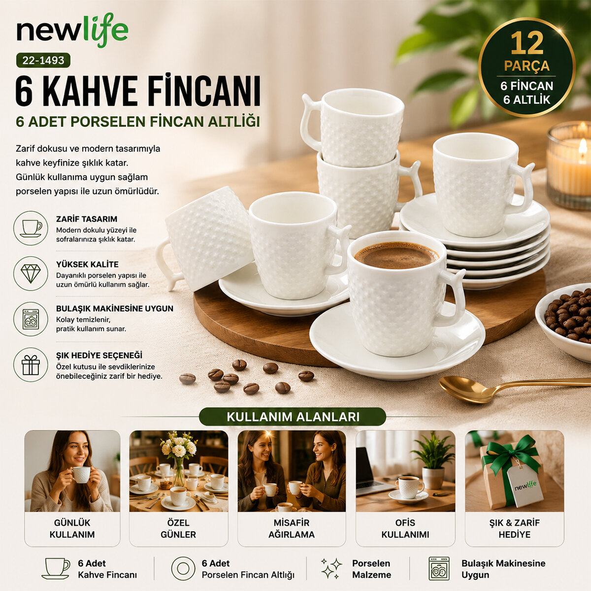 12 PARÇA  PORSELEN KAHVE FİNCANI