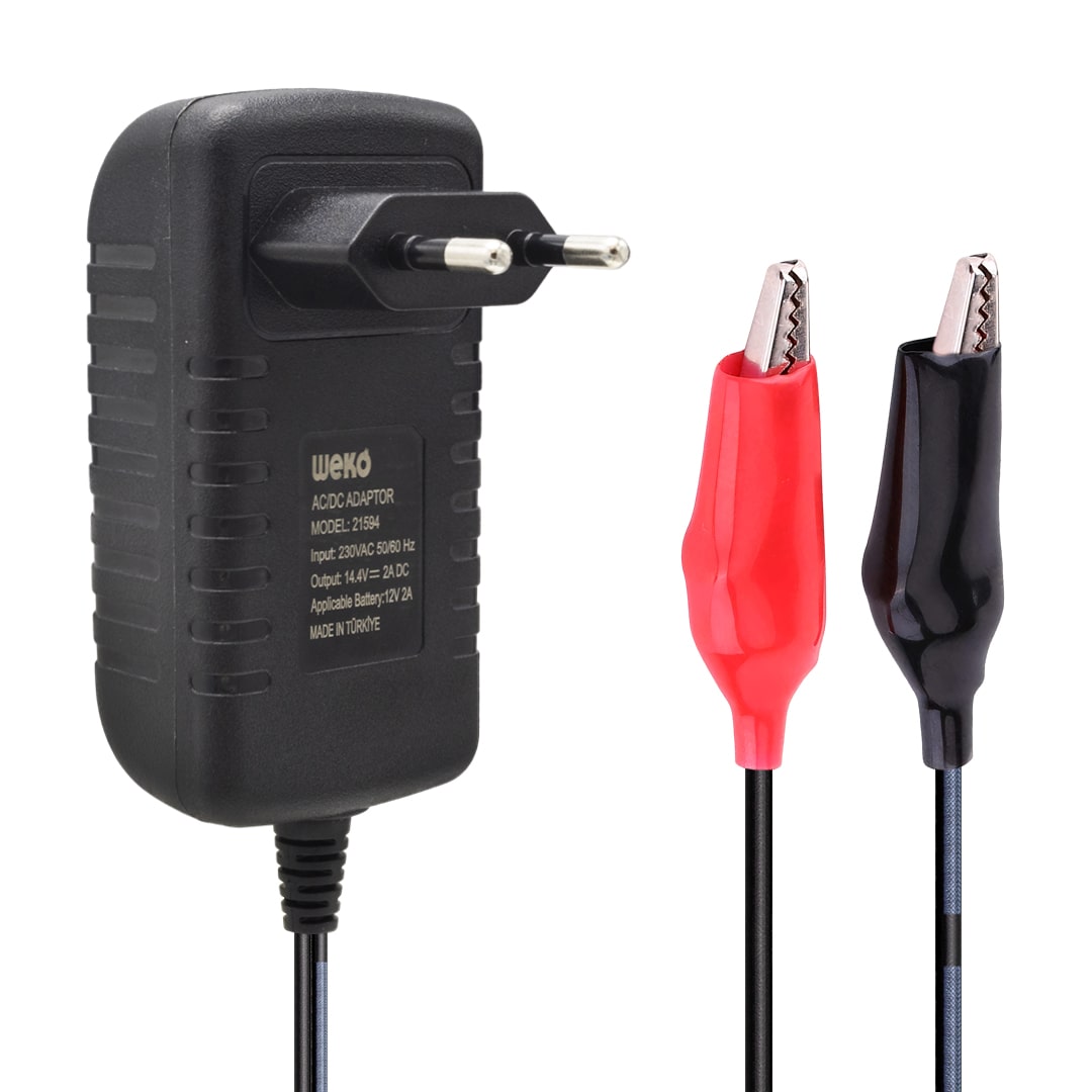 14.4 VOLT - 2 AMPER KIRMIZI*YEŞİL LEDLİ YERLİ ÜRETİM KROKODİL UÇLU AKÜ ŞARJ CİHAZI (OUT :12V-2A) (81)