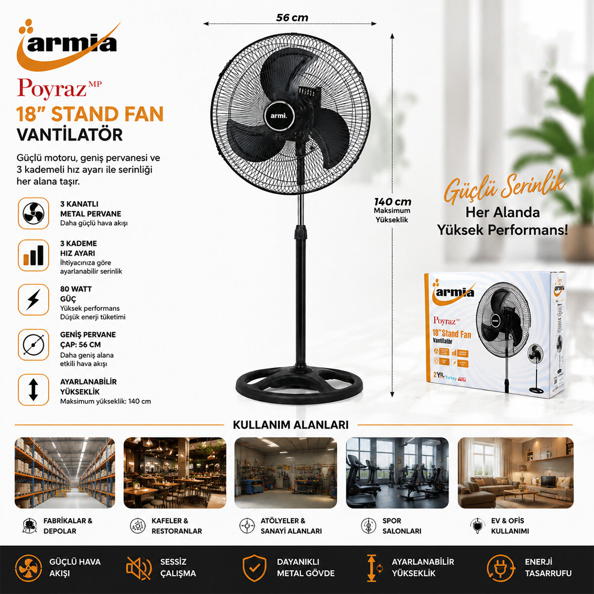 18 İNÇ SANAYİ VANTİLATÖR  3 METAL KANAT: ÇAP:56CM - Y: 140CM - 3 KADEME HIZ   80W