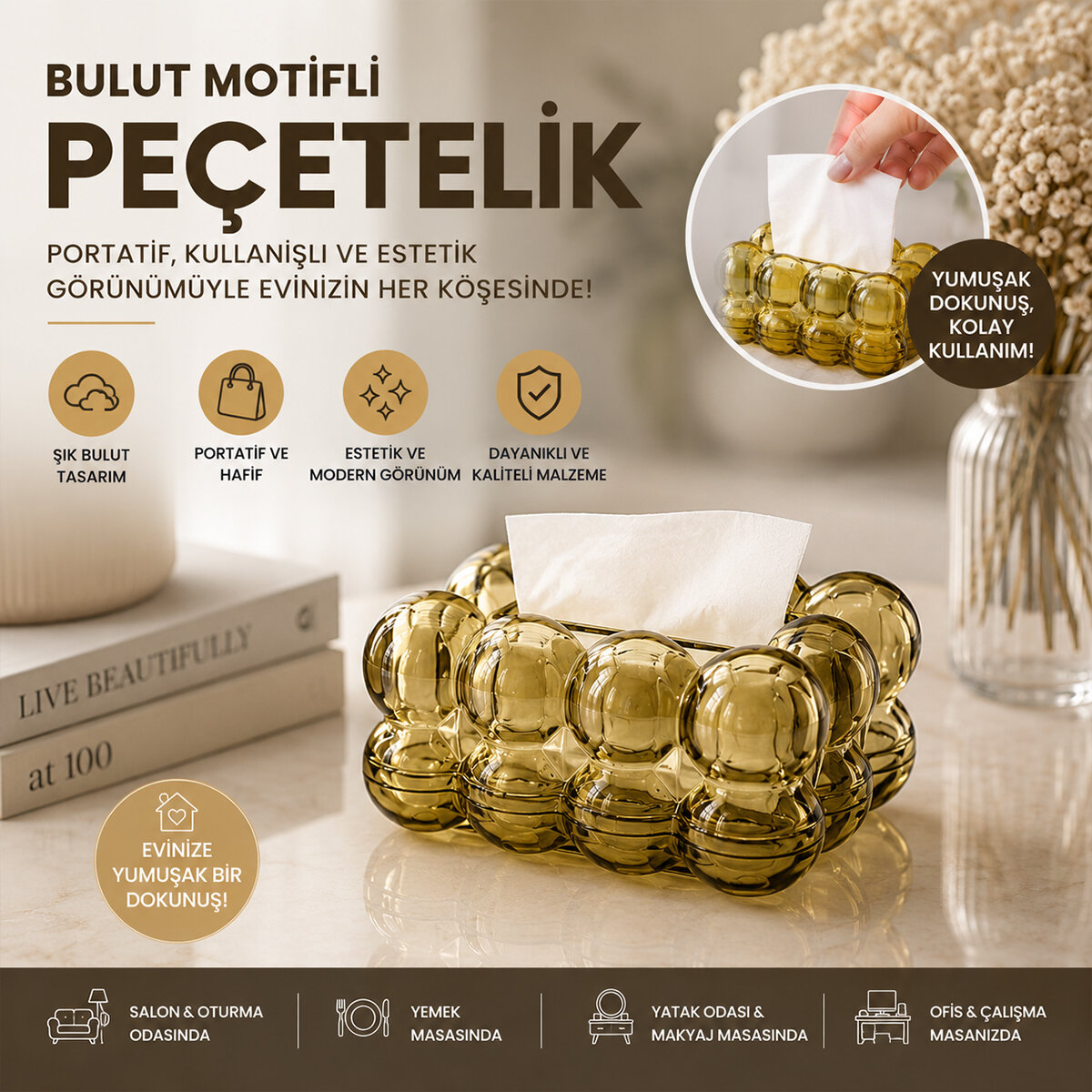 19X13X9CM KAHVERENGİ ŞEFFAF YAYLI MASAÜSTÜ BUBBLE DEKORATİF BULUT PEÇETELİK