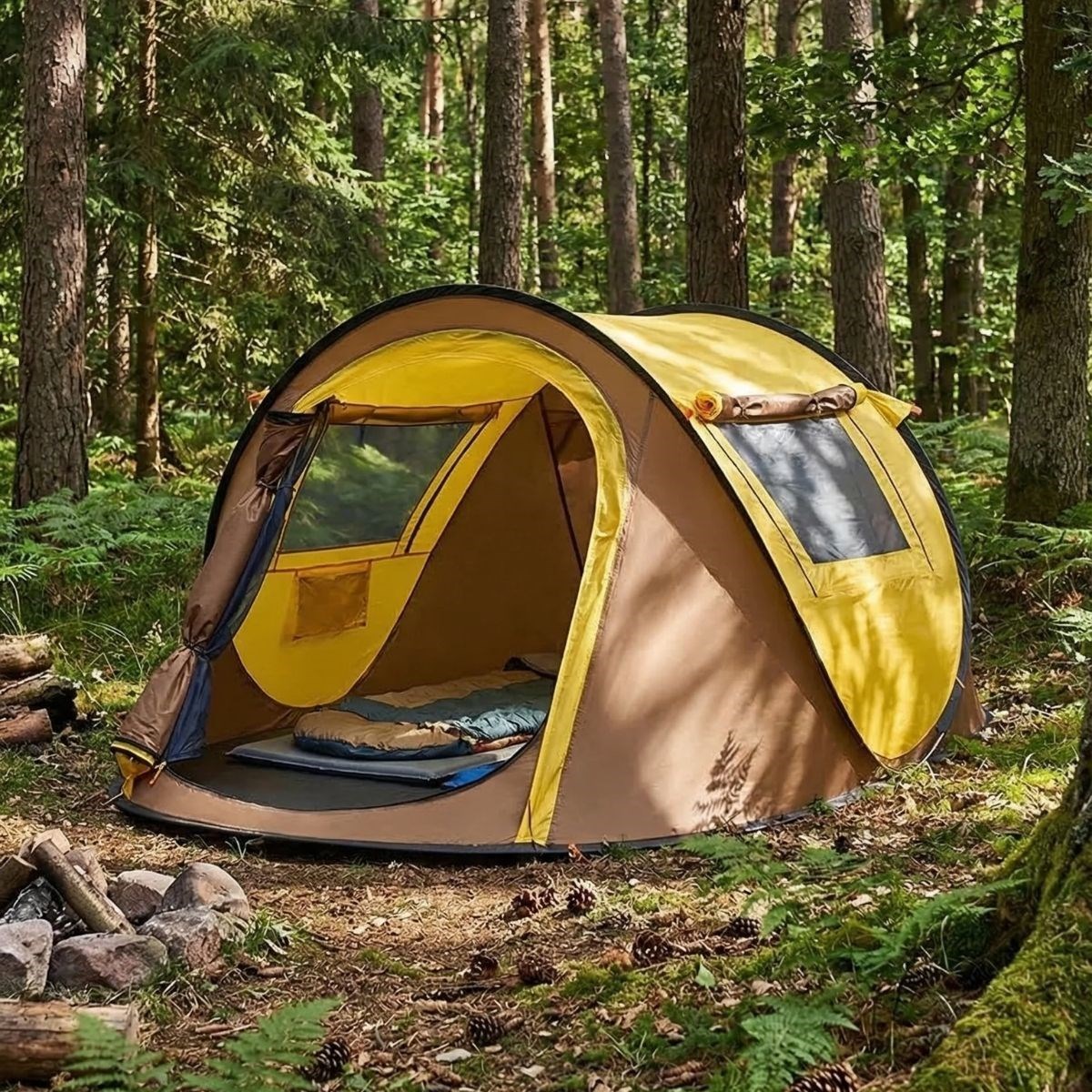 2 Kişilik Vagon Tipi Yarı Otomatik Kamp Çadırı – Çift Kapılı, Çift Pencereli, Hafif Taşınabilir Outdoor Doğa Çadırı 220x120x90 cm