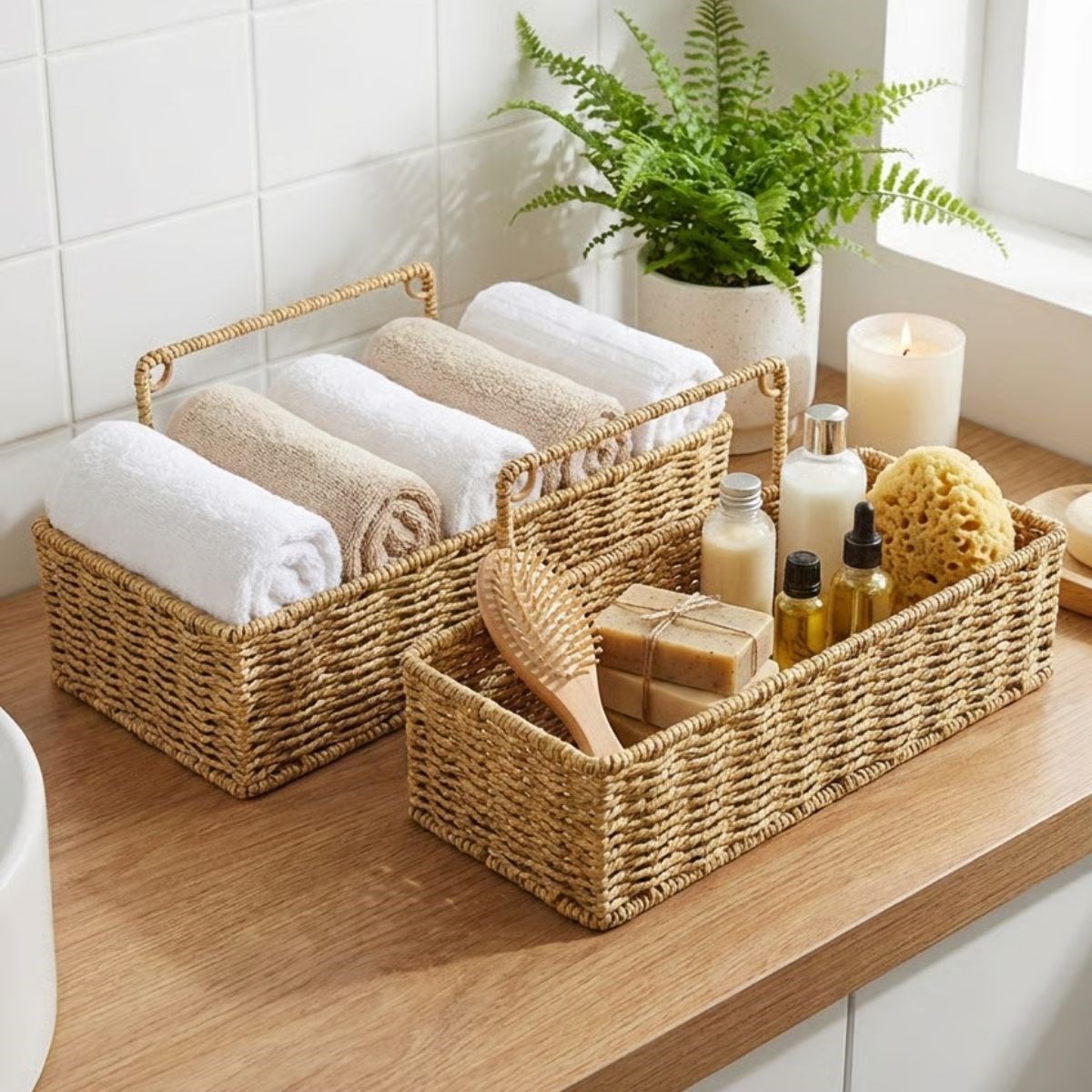 2’li Duvar Askılı Plastik Rattan Organizer – Dikdörtgen Hasır Görünümlü Mutfak Raf Sepeti, Banyo ve Ev İçi Düzenleme Ünitesi
