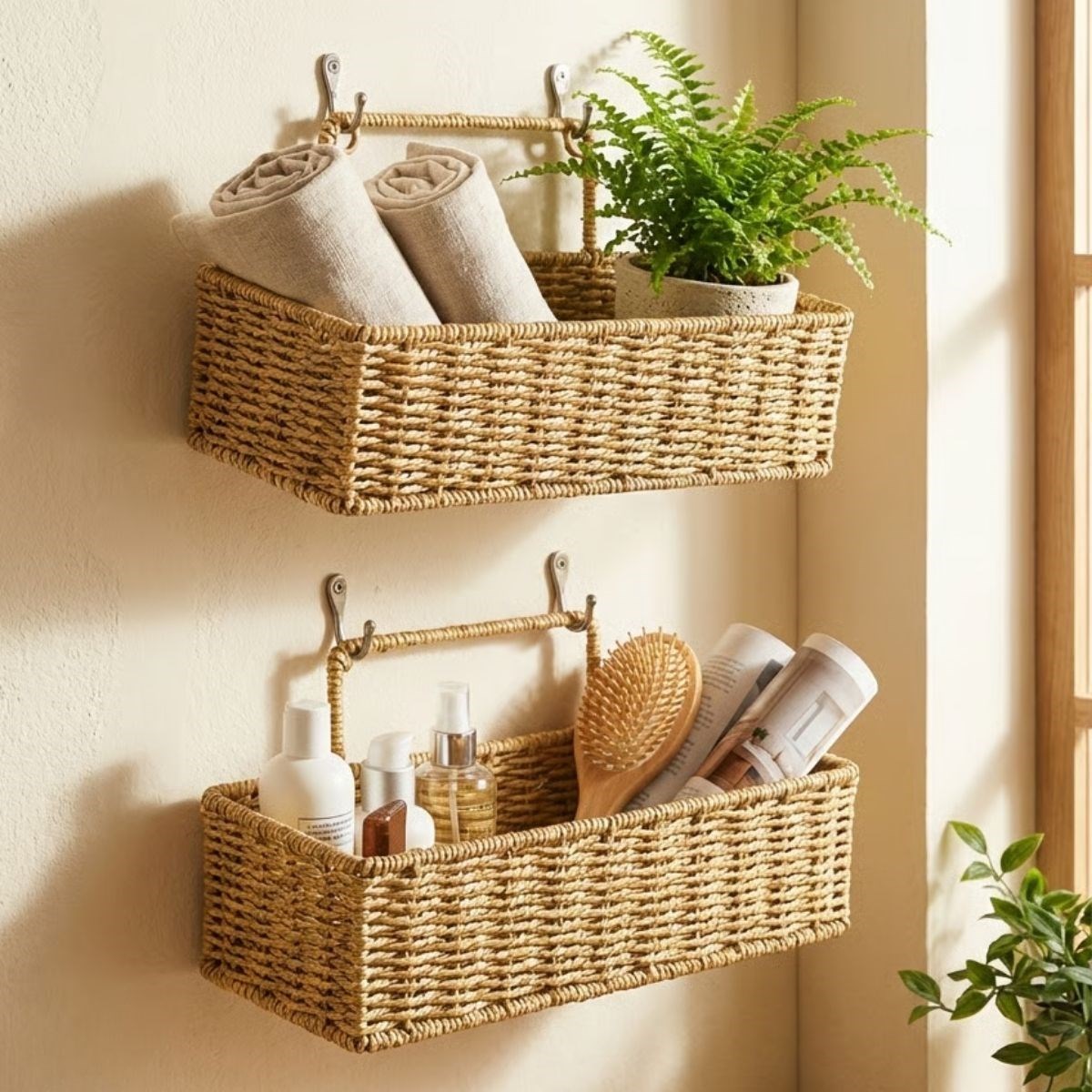 2’li Duvar Askılı Plastik Rattan Organizer – Dikdörtgen Hasır Görünümlü Mutfak Raf Sepeti, Banyo ve Ev İçi Düzenleme Ünitesi