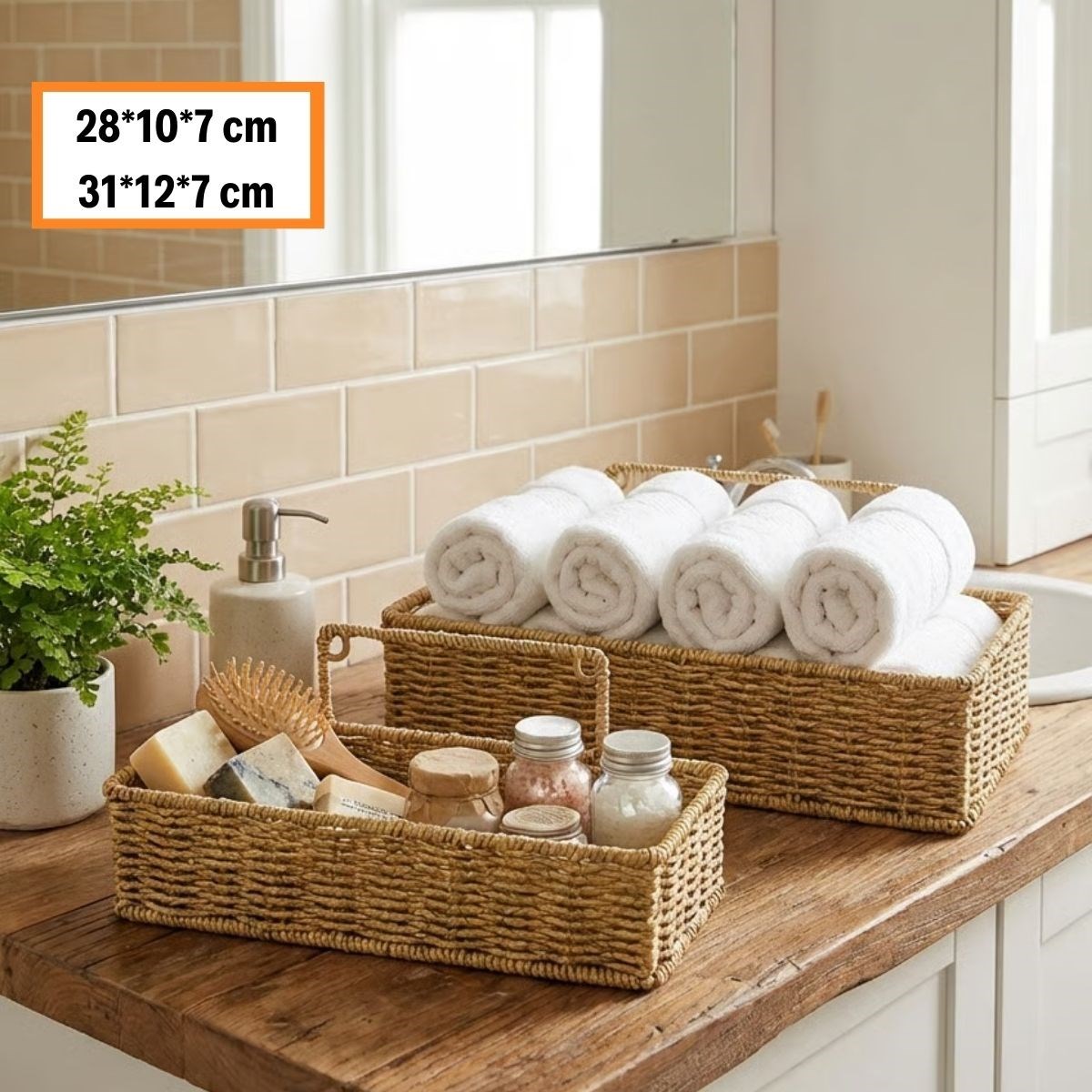 2’li Duvar Askılı Plastik Rattan Organizer – Dikdörtgen Hasır Görünümlü Mutfak Raf Sepeti, Banyo ve Ev İçi Düzenleme Ünitesi