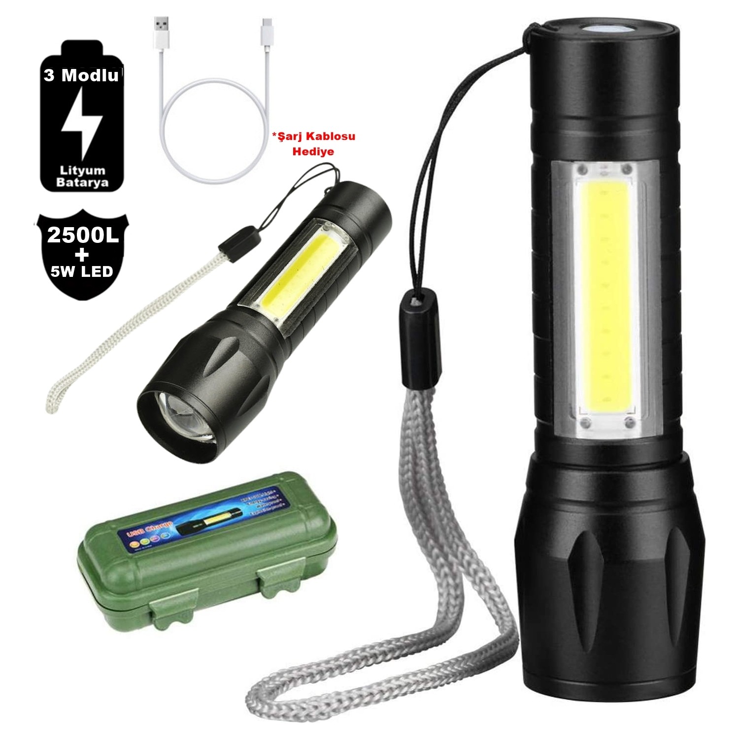 2500 Lumens + 5W COB LED USB Lion Şarjlı Ultra Güçlü Q5 XPE Su Geçirmez Şarjlı El Feneri