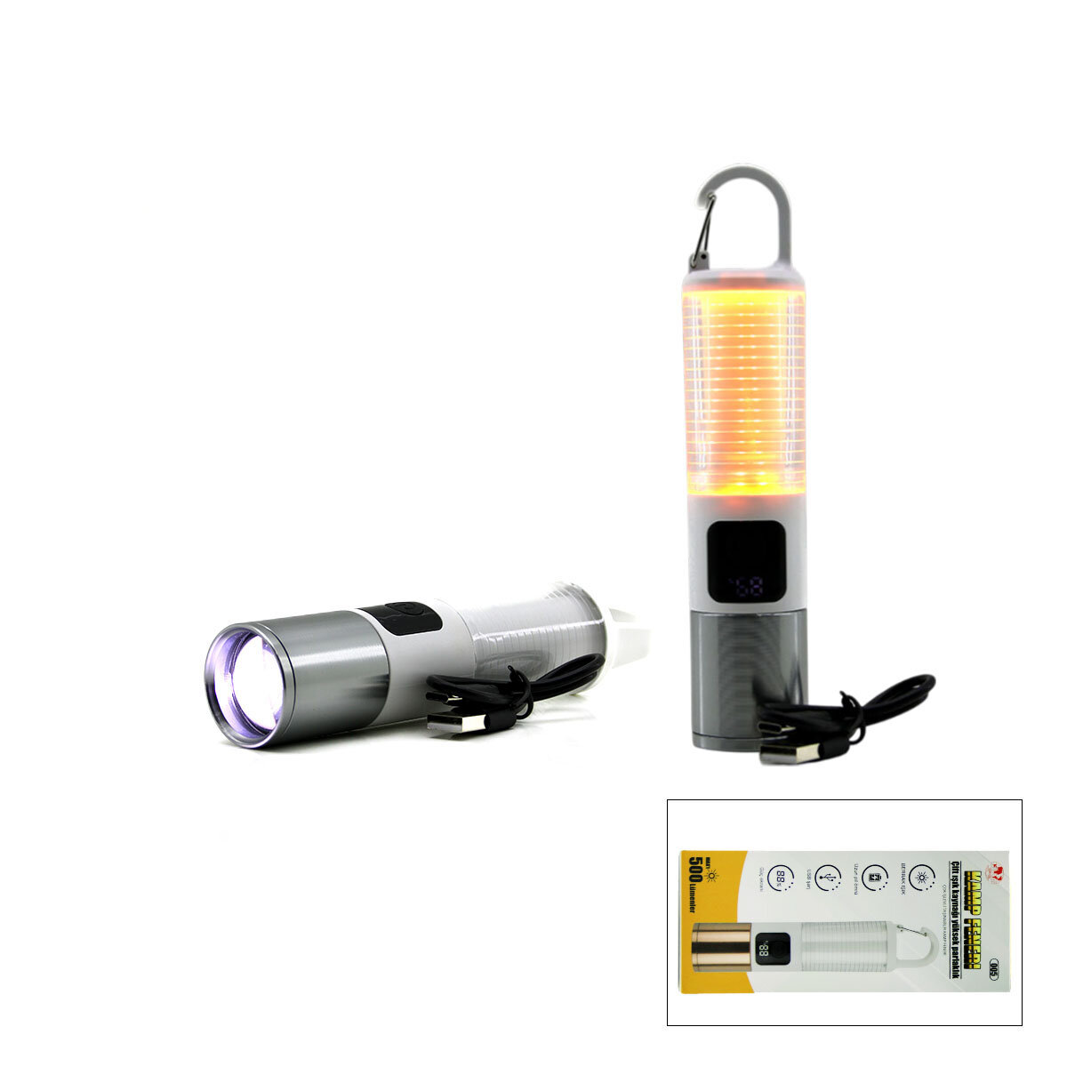 2İN1 KAMP - ÇOK AMAÇLI EL FENERİ USB ŞARJLI ZOOM 6 FONKSİYON IŞIK=DOĞAL - RENKLİ ASKI MANDALI ŞARJ GÖSTERGESİ 005