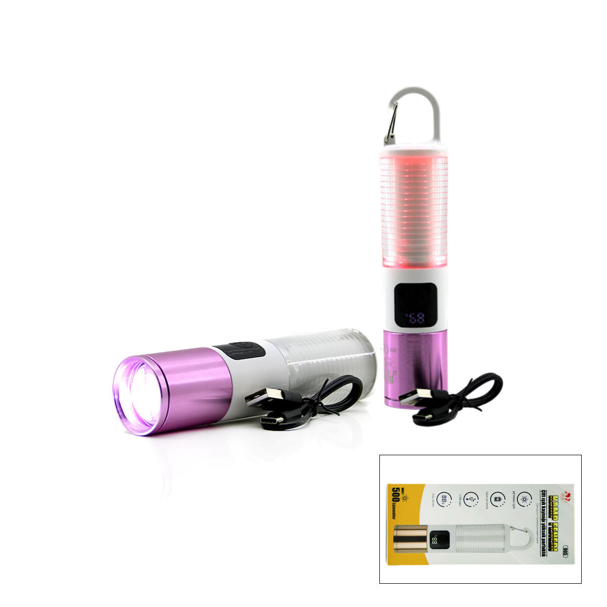 2İN1 KAMP - ÇOK AMAÇLI EL FENERİ USB ŞARJLI ZOOM 6 FONKSİYON IŞIK=DOĞAL - RENKLİ ASKI MANDALI ŞARJ GÖSTERGESİ 005