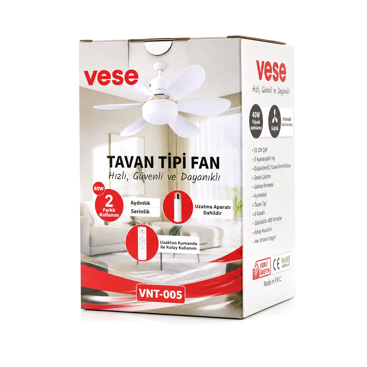 2İN1=TAVAN VANTİLATÖR - AVİZE LAMBA 40W KUMANDALI 6KNAT VNT-005