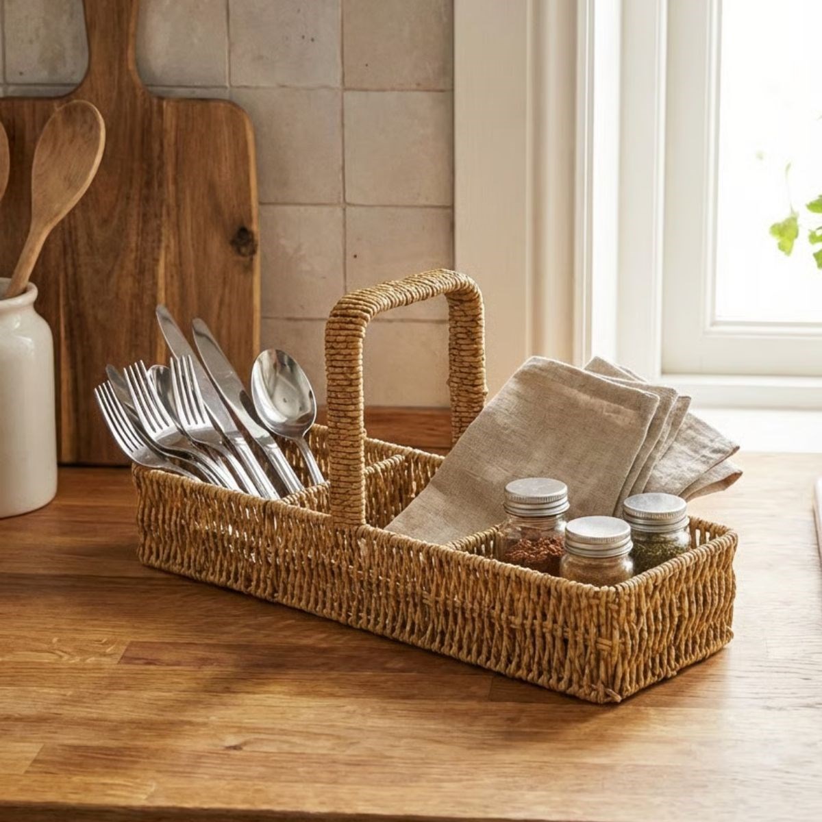 3 Bölmeli Plastik Rattan Düzenleyici–Saplı Masaüstü Organizer, Mutfak Kaşık Çatal Sepeti, Banyo &amp; Ofis Çok Amaçlı Sunum Standı