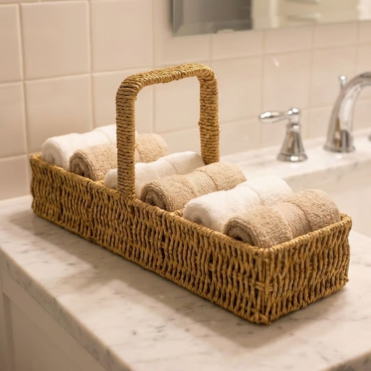 3 Bölmeli Plastik Rattan Düzenleyici–Saplı Masaüstü Organizer, Mutfak Kaşık Çatal Sepeti, Banyo &amp; Ofis Çok Amaçlı Sunum Standı
