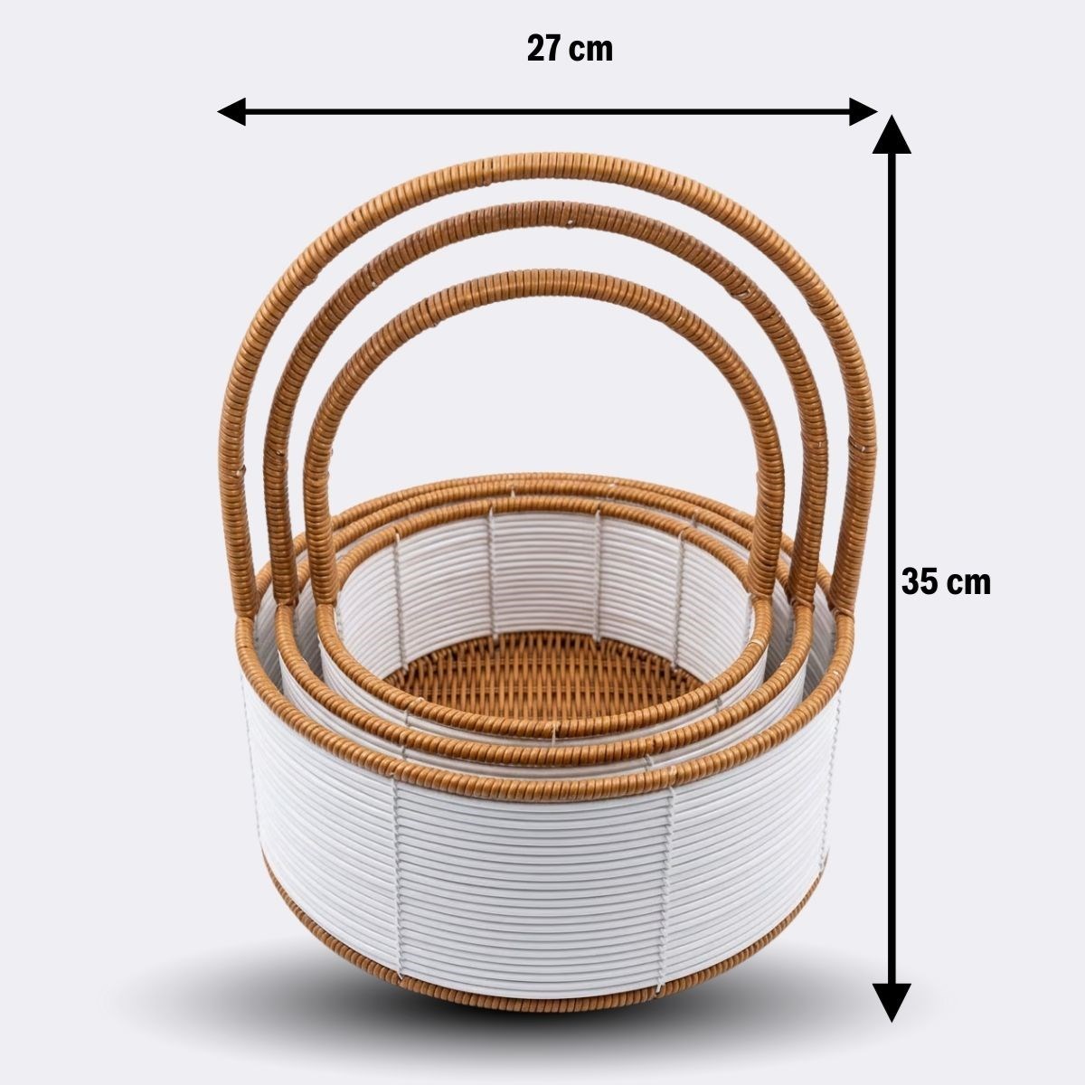 3 Boy İç İçe Geçebilen Plastik Rattan Sepetler–Beyaz Renkli,Kahverengi Saplı, Çok Amaçlı Düzenleyici ve Sunum Sepeti Seti
