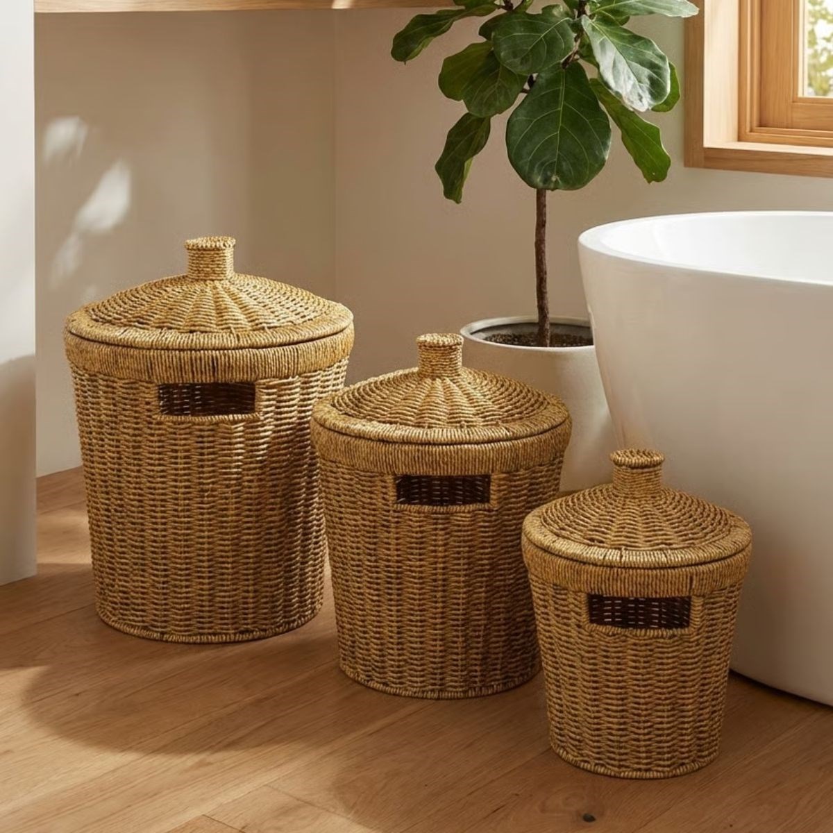 3’lü İç İçe Geçebilen Büyük Plastik Rattan Hasır Sepet Seti-Dayanıklı Çok Amaçlı Ev,Banyo ve Mutfak Düzenleyici