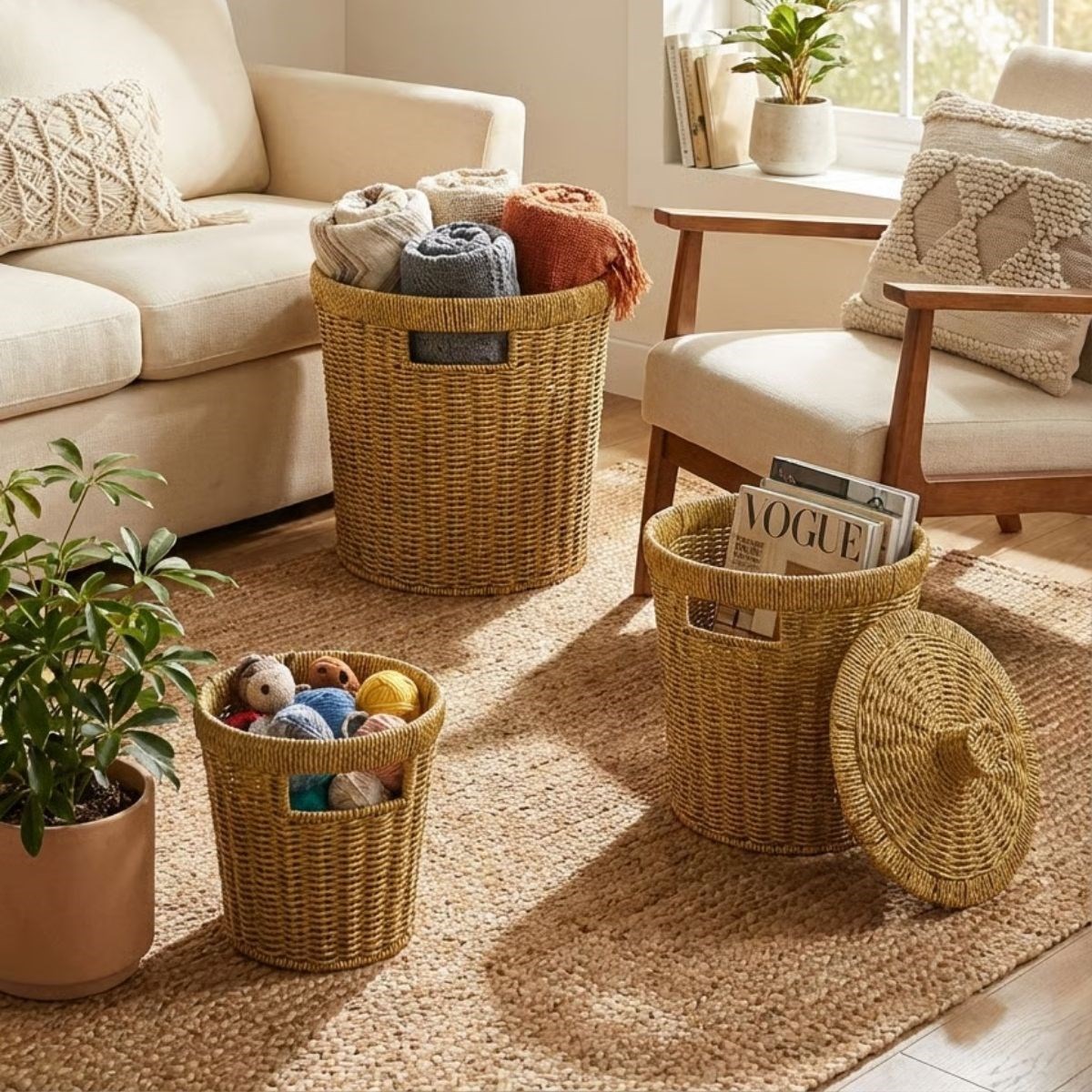 3’lü İç İçe Geçebilen Büyük Plastik Rattan Hasır Sepet Seti-Dayanıklı Çok Amaçlı Ev,Banyo ve Mutfak Düzenleyici