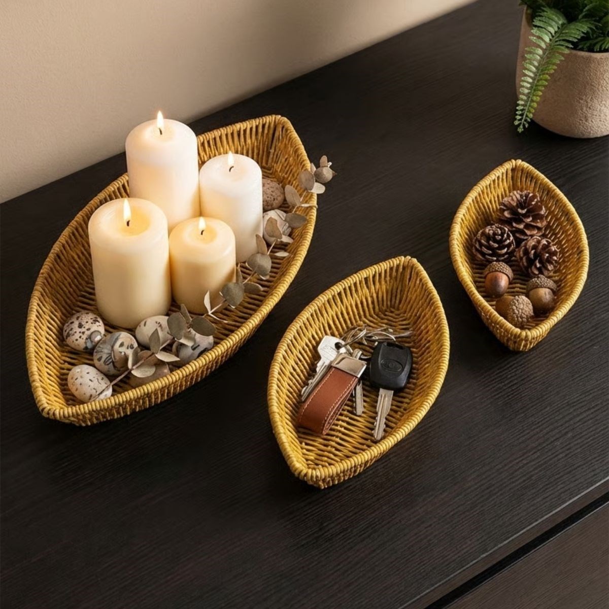 3’lü Kayık Formlu Plastik Rattan Sepet Seti–Hasır Görünümlü Ekmek, Meyve ve Sunum Sepetleri, Çok Amaçlı Masaüstü Organizer