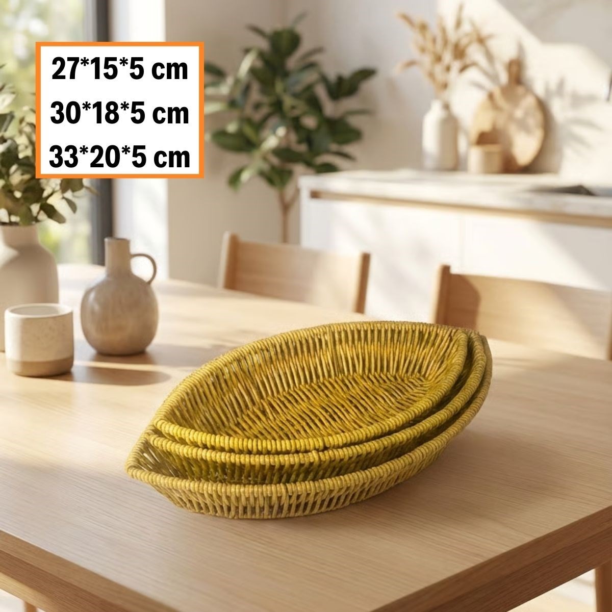 3’lü Kayık Formlu Plastik Rattan Sepet Seti–Hasır Görünümlü Ekmek, Meyve ve Sunum Sepetleri, Çok Amaçlı Masaüstü Organizer