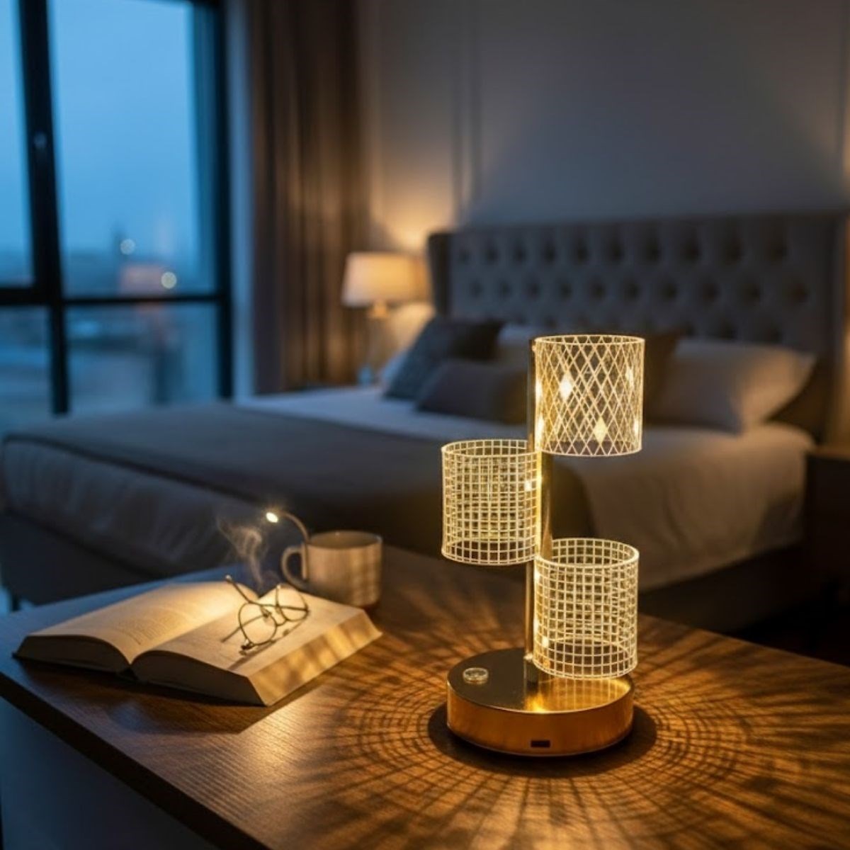 3 Parça Silindirik Kristal Ekose Kareli LED Masa Lambası – Gold Gövdeli, Dokunmatik, 3 Kademe Işık Ayarlı Şarjlı Dekoratif Lamba