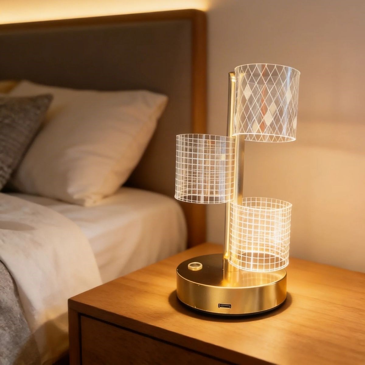 3 Parça Silindirik Kristal Ekose Kareli LED Masa Lambası – Gold Gövdeli, Dokunmatik, 3 Kademe Işık Ayarlı Şarjlı Dekoratif Lamba