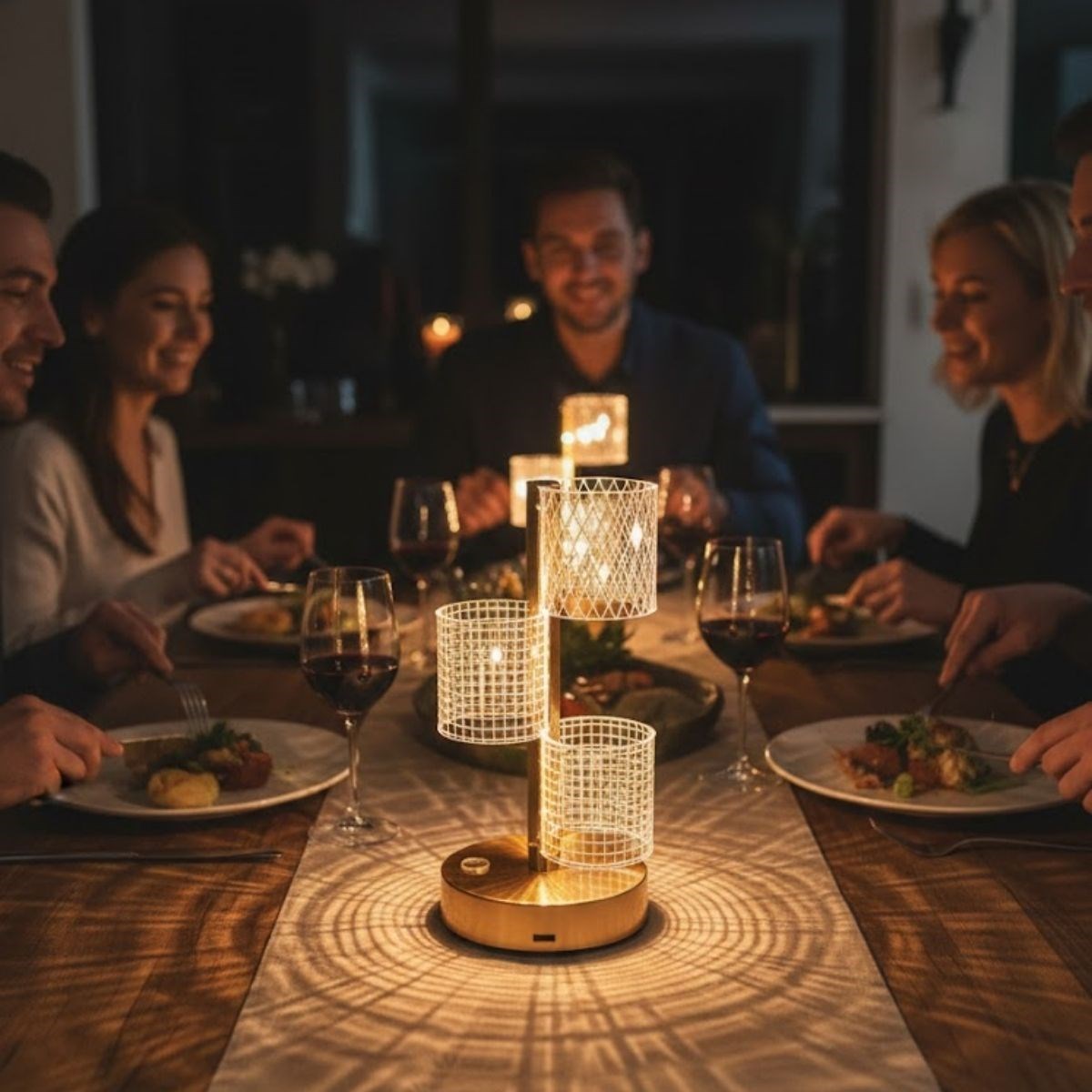 3 Parça Silindirik Kristal Ekose Kareli LED Masa Lambası – Gold Gövdeli, Dokunmatik, 3 Kademe Işık Ayarlı Şarjlı Dekoratif Lamba