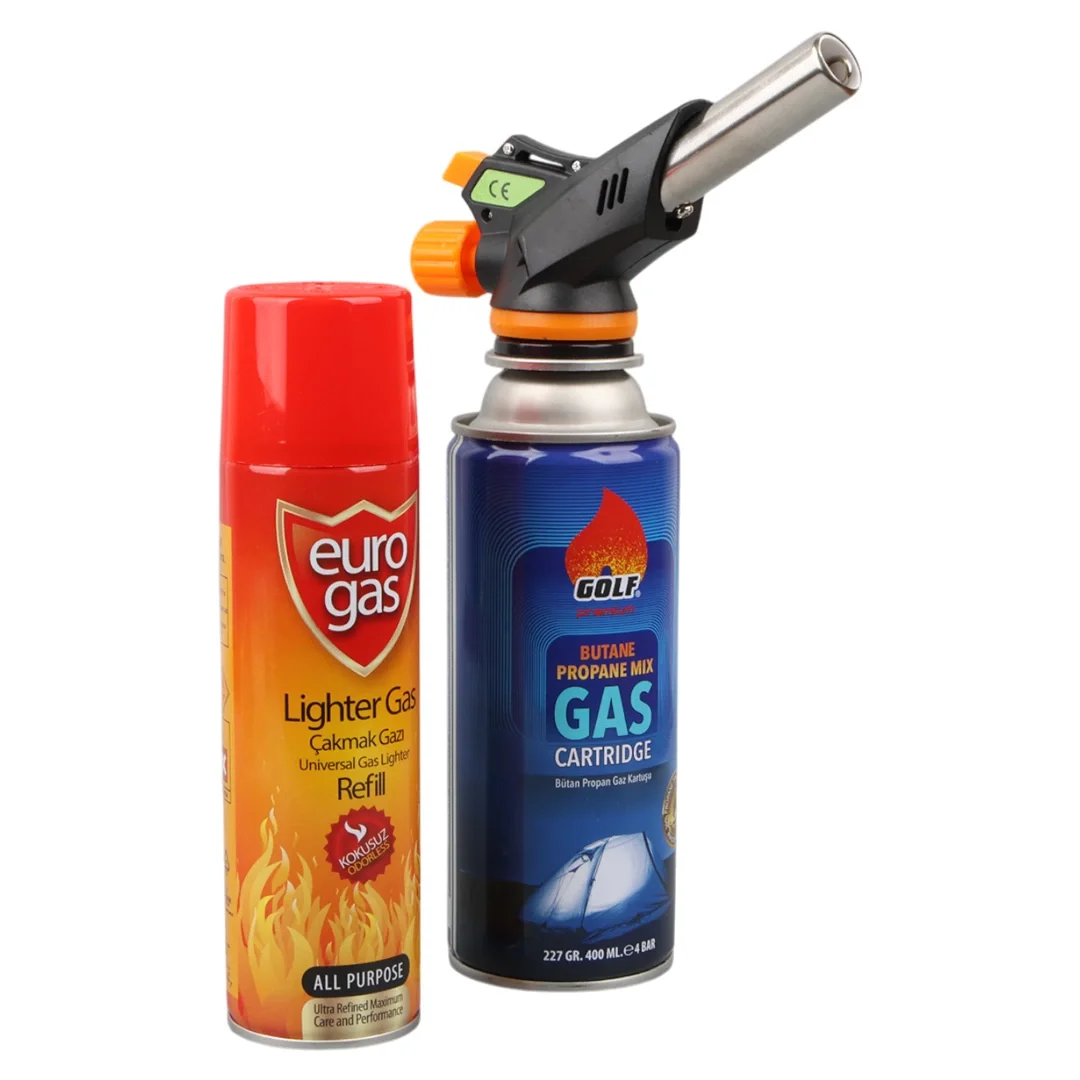 3 Parça Profesyonel Pürmüz Seti Pürmüz Torch Çakmak Başlık- Kamp Gazı 400ml- Çakmak Gazı 270