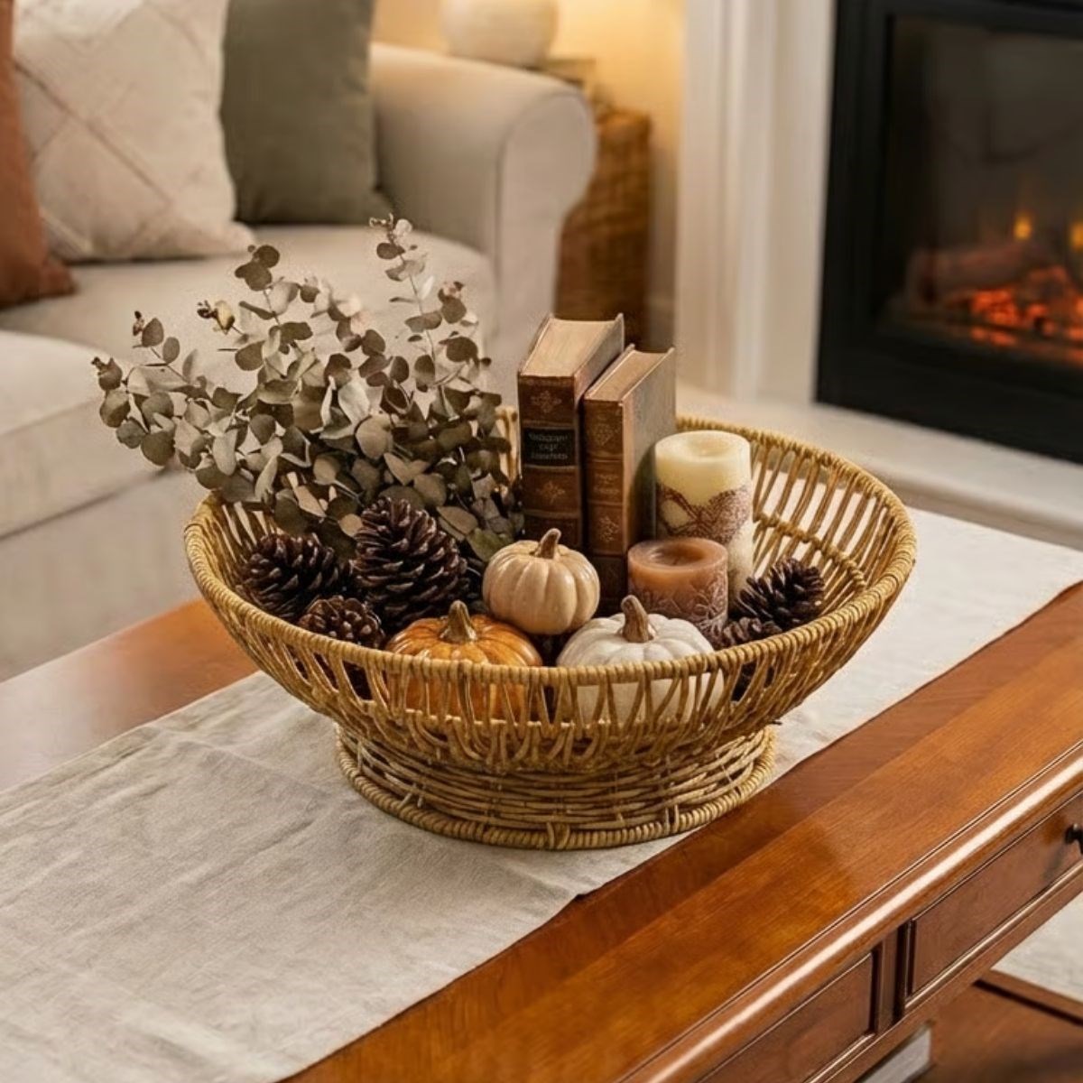 31 cm Plastik Rattan Servis Çanağı – Doğal Hasır Görünümlü Dekoratif Meyve, Ekmek ve Sunum Kasesi