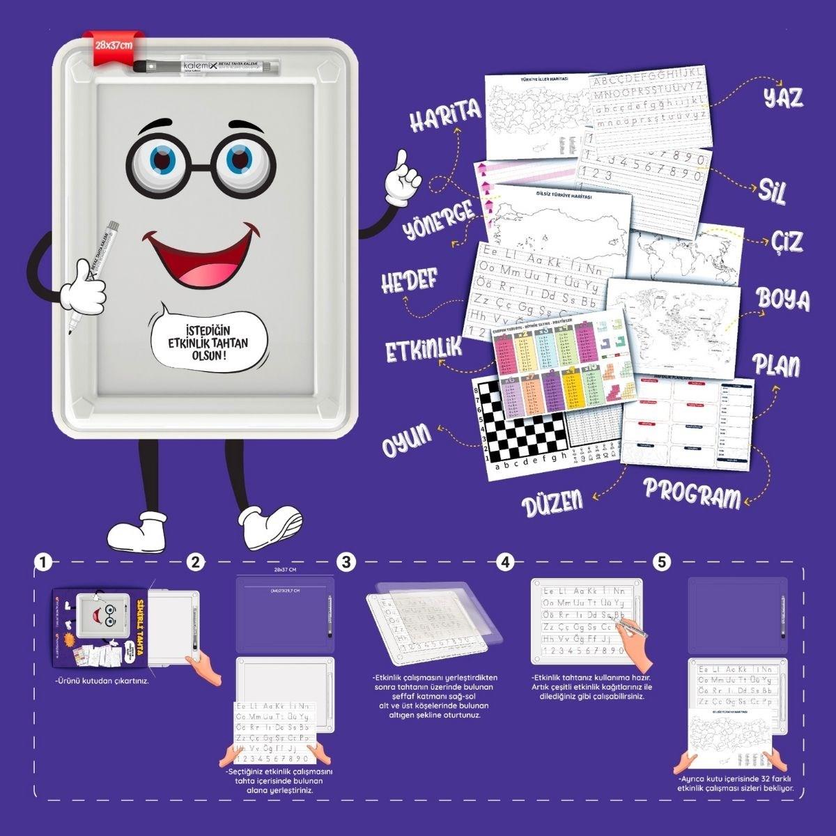 32 Farklı Etkinlikli Kalem ve Silgi Hediyeli Eğitici Sihirli Etkinlik Tahtası