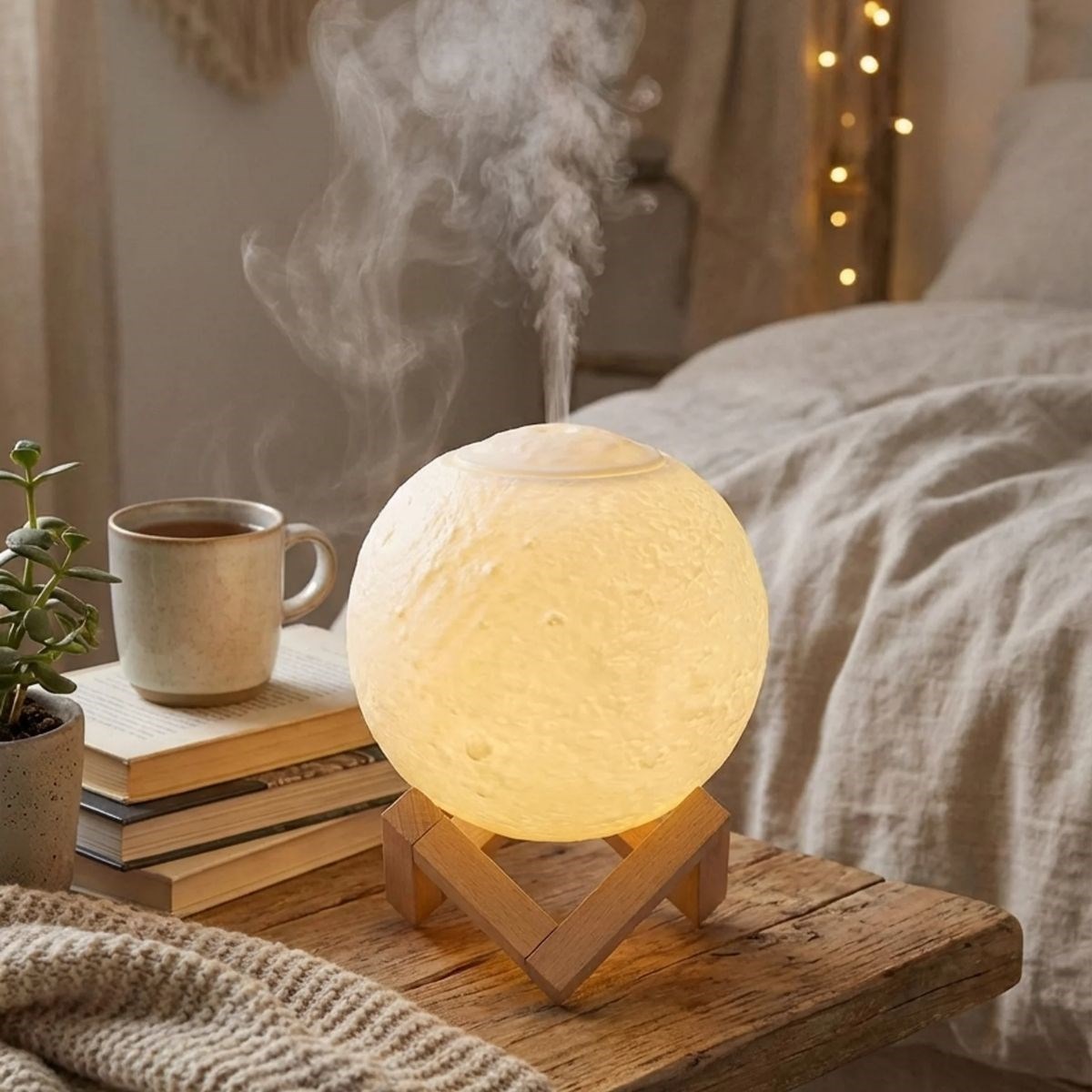 3D Ay Tasarımlı Su Yenilemeli USB Hava Nemlendiricisi – Dokunmatik, 3 Renk Işık Modlu (Gün Işığı / Beyaz / Sarı Işık) Gece Lambası