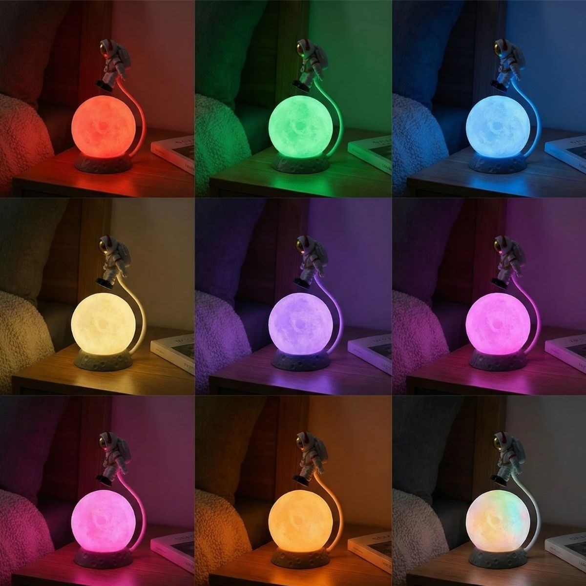 3D Ay Üzerinde Astronot LED Gece Lambası – Dokunmatik 10 Renk Değiştiren Dekoratif Çocuk Odası Masaüstü Ay Lambası