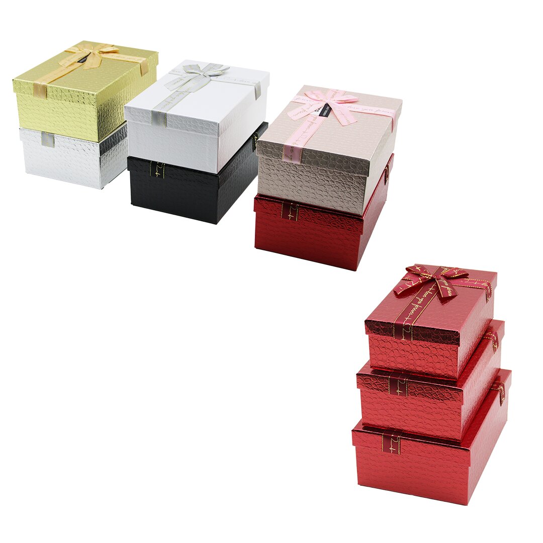 3PCS D.DÖRTGEN PARLAK MİX RENKLİ - KABARTMA DESEN KARTON HEDİYE KUTUSU KURDELALI 22.5X15.5-20.5X13.5-18.5X11.5CM