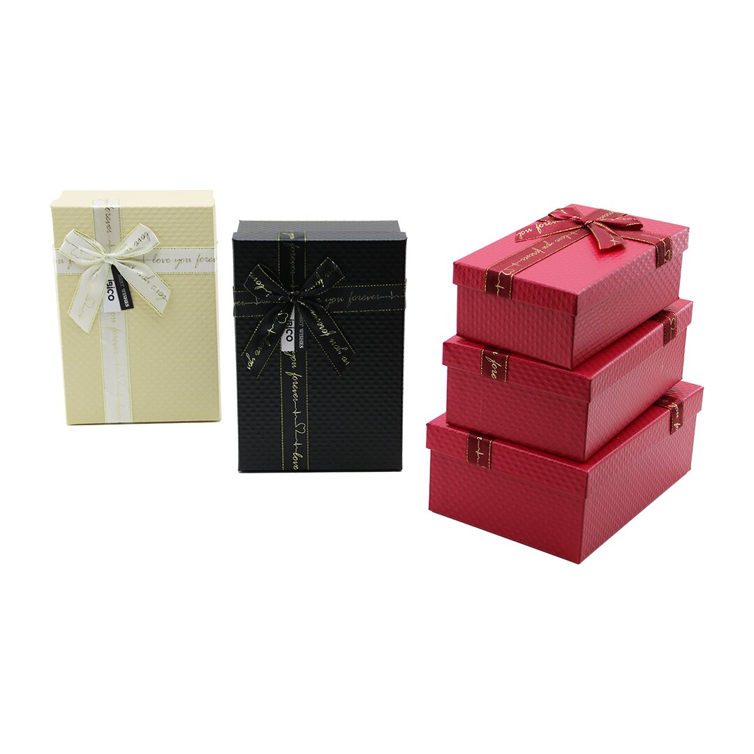 3PCS D.DÖRTGEN MAT MİX RENKLİ - KABARTMA DESEN KARTON HEDİYE KUTUSU KURDELALI 22.5X15.5-20.5X13.5-18.5X11.5CM