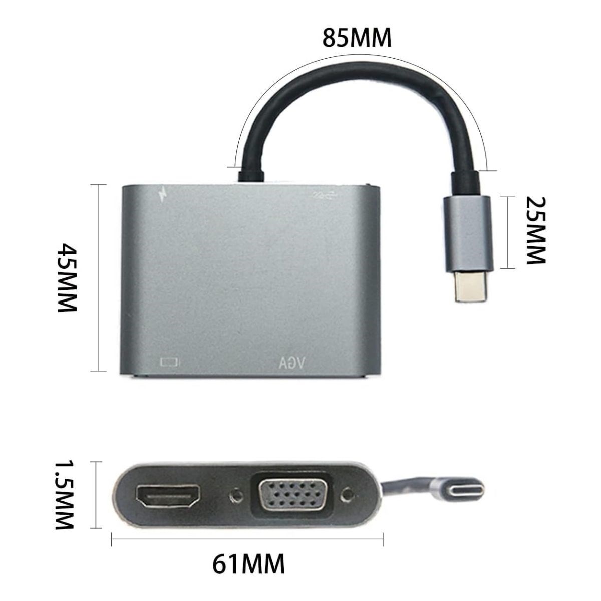 4’ü 1 Arada Type-C to Hub Dönüştürücü Adaptör – 4K Ultra HD HDMI &amp; VGA Görüntü Aktarımı, PD Hızlı Şarj Destekli, USB Çoklayıcı