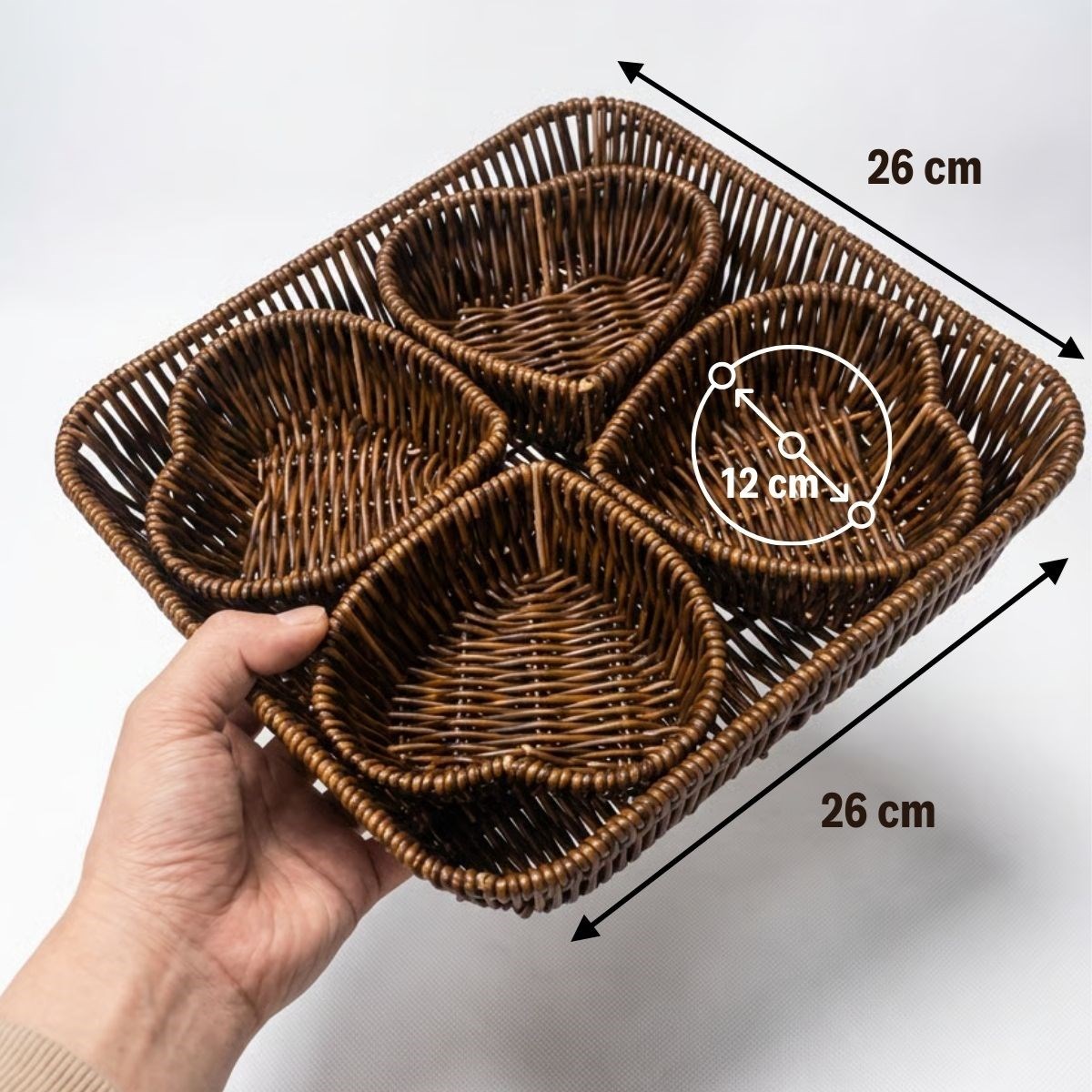 5 Parça,4 Kalp Formlu Plastik Rattan Sunum ve Kahvaltı Seti-Bölmeli Çerezlik ve Meyvelik-Doğal Hasır Görünümlü Tepsi ve Sunum Tabakları