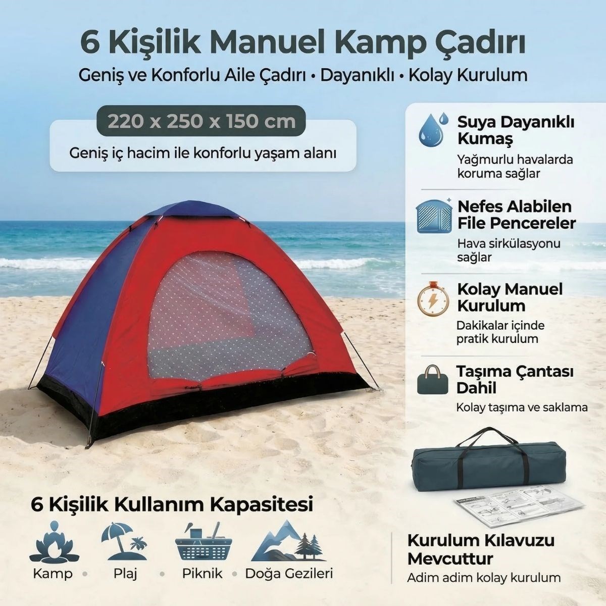 6 Kişilik Manuel Kurulum Kamp Çadırı – Aile, Doğa, Piknik ve Outdoor Kamp Çadırı 220x250x150 cm