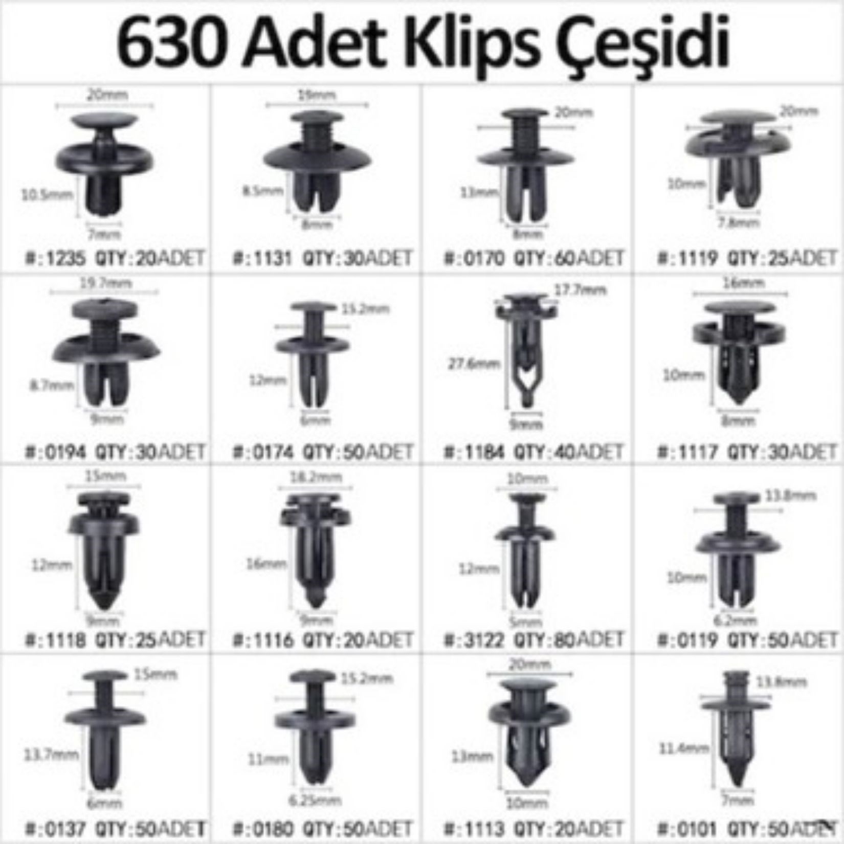 630 Adet Trim Klips Seti – Oto Panel, Kapı Döşeme, Tampon ve Pervaz İçin Evrensel Raptiye Bağlantı Elemanları