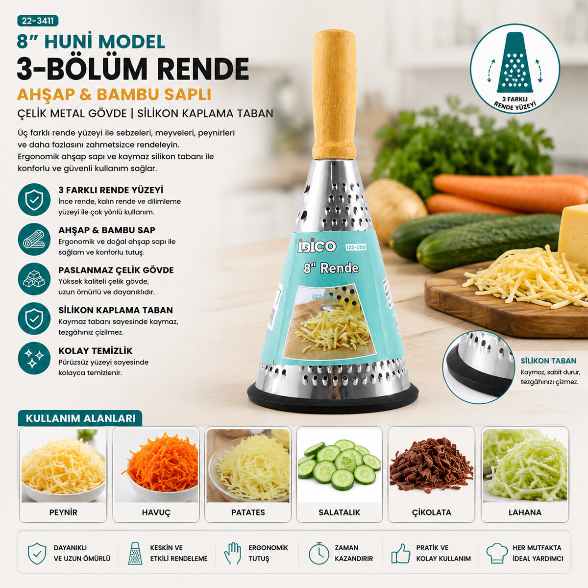 8 İNÇ - HUNİ MODEL   AHŞAP - BAMBU SAPLI  METAL RENDE  SİLİKON TABANLI
