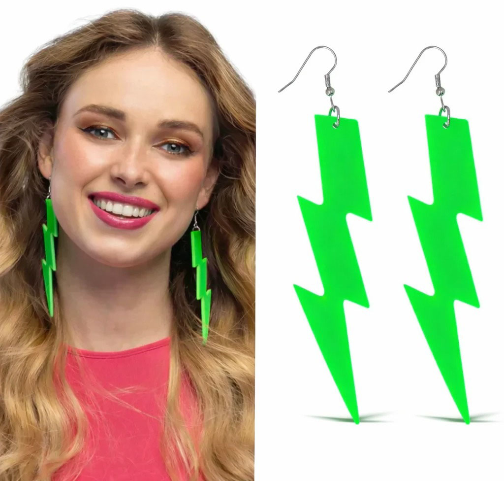 80’ler 90'lar Retro Neon Yeşil Şimşek Küpe 10 cm