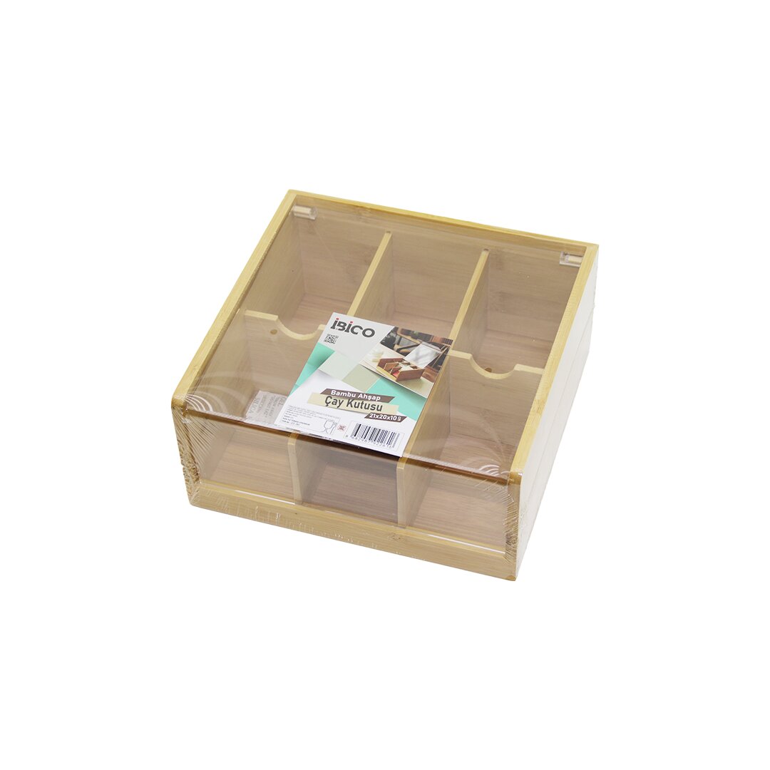 AHŞAP BAMBU 6 BÖLMELİ  POŞET ÇAY KUTUSU MİKA PLASTİK KAPAK  21X20X10CM