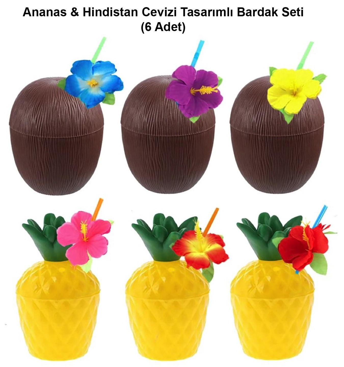 Ananas &amp;amp; Hindistan Cevizi Tasarımlı Pipetli Bardak Seti (6 Adet)