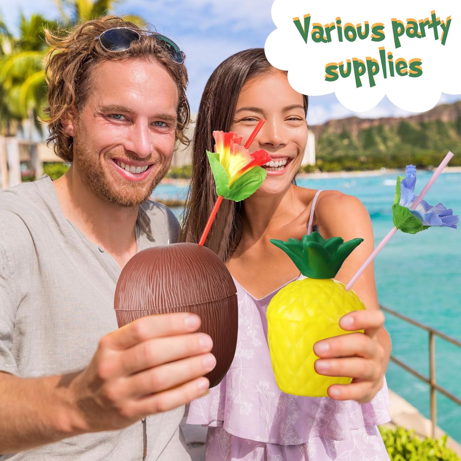 Ananas &amp;amp; Hindistan Cevizi Tasarımlı Pipetli Bardak Seti (6 Adet)