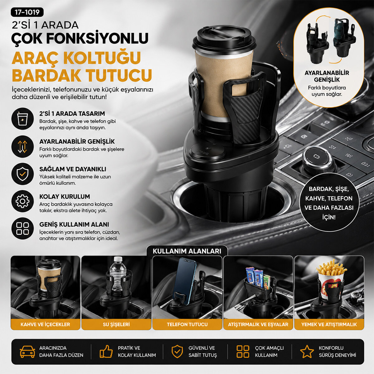 ARAÇ İÇİ ÇOK FONKSİYONLU BARDAK TUTUCU - 2 BÖLMELİ 360° DÖNEBİLEN - GENİŞLEYEBİLİR ÜST HAZNE - STAND CWS-003
