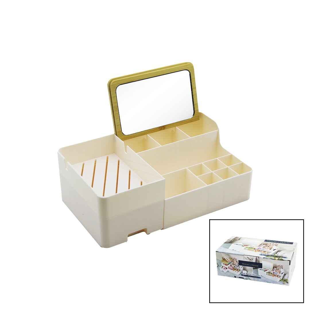 AYNALI BAMBU - ÇEKMECELİ MAKYAJ - TAKI ORGANİZER SERT PLASTİK 13 BÖLMELİ 28.5X17.5X9.5CM