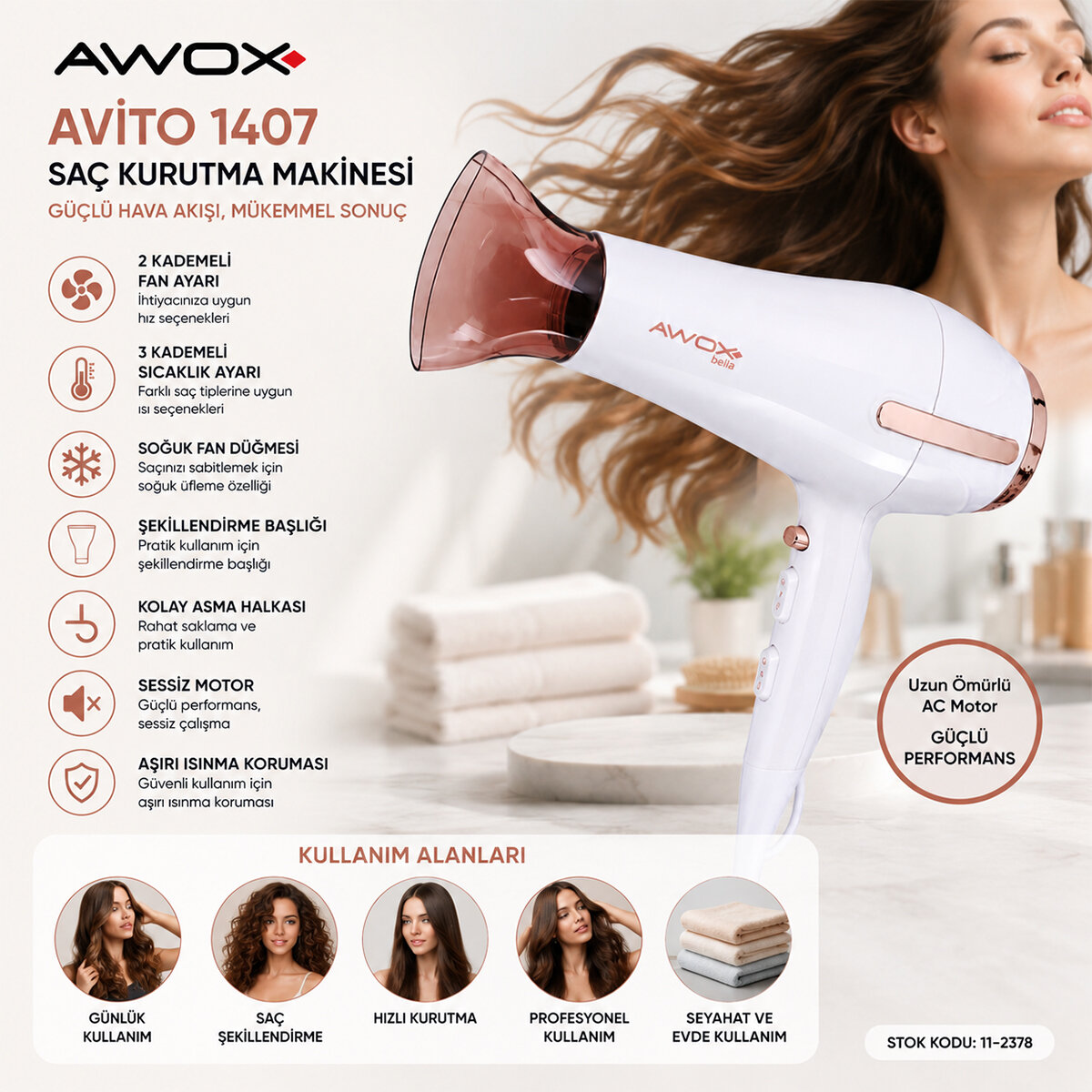 BEYAZ AVİTO SAÇ KURUTMA MAKİNESİ 2200W 1407