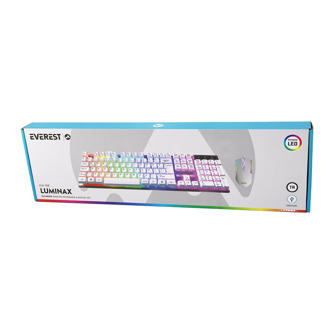 BEYAZ GÖKKUŞAĞI IŞIKLI USB KABLOLU OYUNCU KLAVYE - MOUSE SET