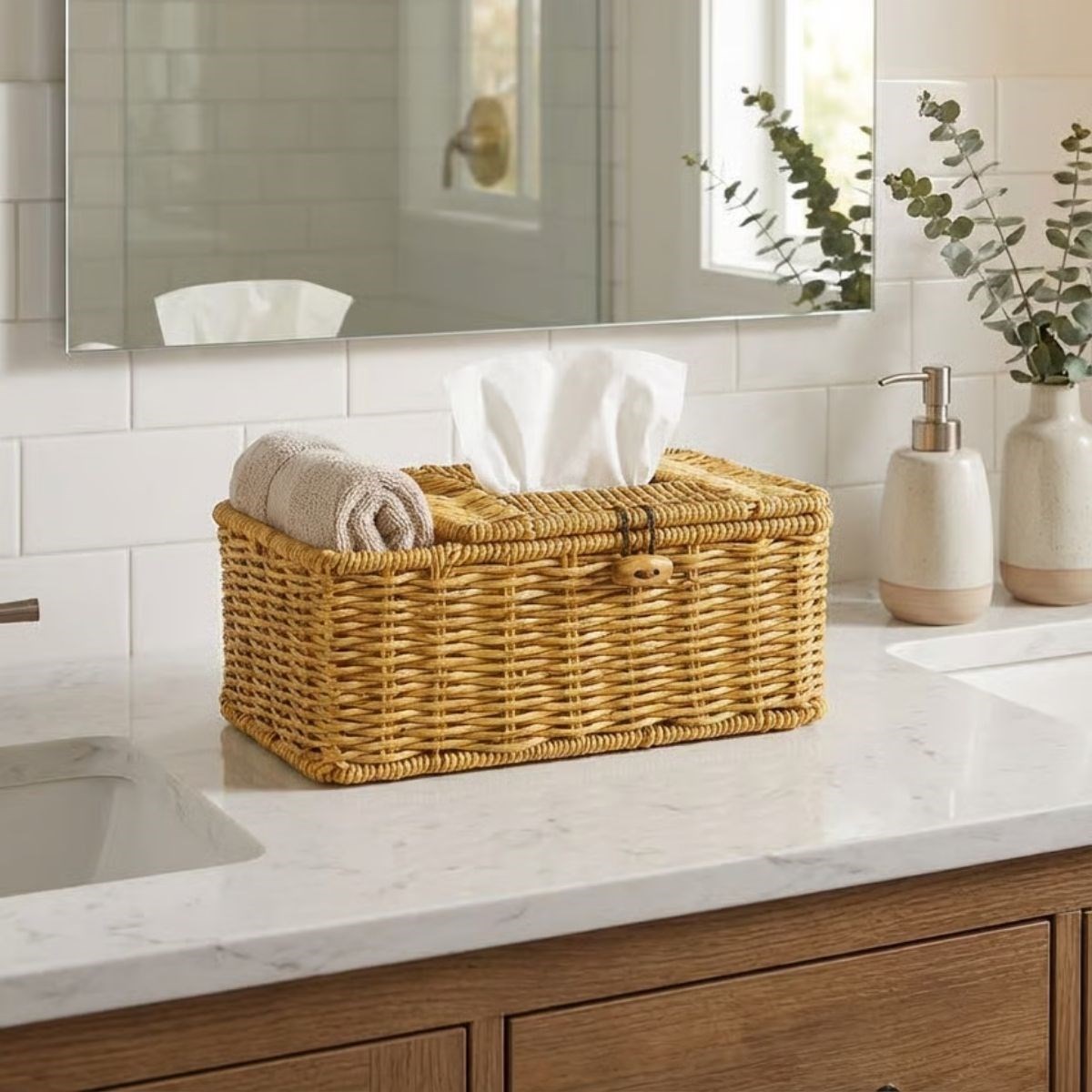 Bölmeli Kapaklı Doğal Rattan Görünümlü Hasır Makyaj, Takı ve Havlu Düzenleyici – Peçetelikli Çok Amaçlı Masaüstü Organizer Sepet